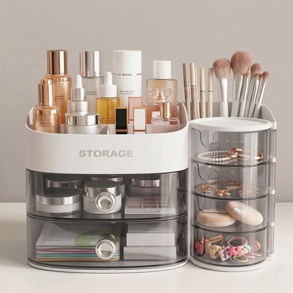 Freebirdly Makeup Organizer Countertop with Drawers, Rotating Skincare & Cosmetic Organizer for Vanity, 4 Clear Swivel Drawers, Large Capacity Make Up Storage for Cosmetics, Brushes, Jewelry