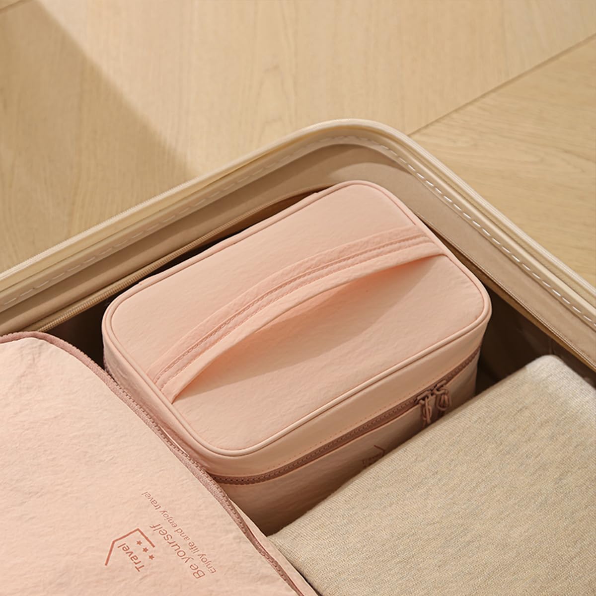 PLOPONOM Makeup Bag Large Capacity Travel Toiletry Bag,Double zipper Cosmetic Bag with Handle,Pink Women's Travel Makeup Organizer,Cute Lightweight Makeup Pouch,Portable Skincare Storage Bag