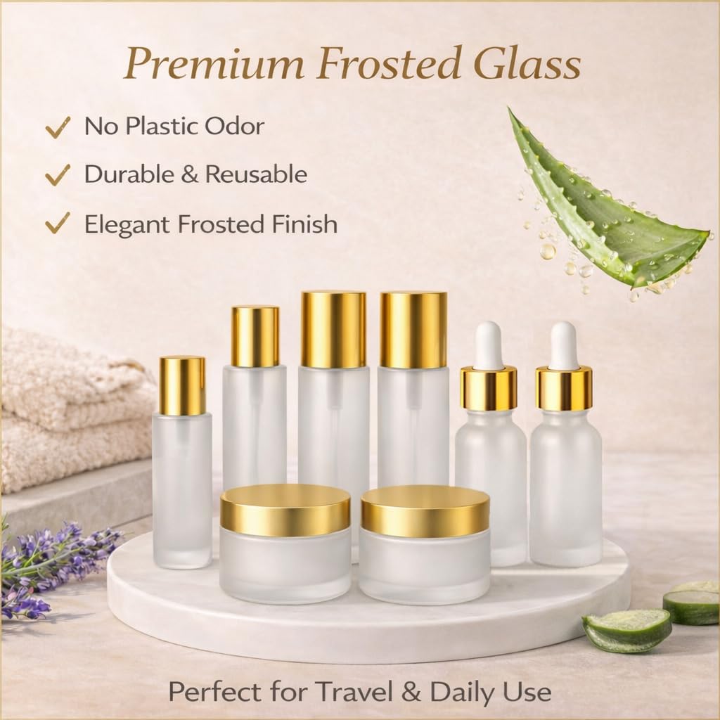 18Pack Glass Travel Bottles for Toiletries, TSA Approved Glass Travel Containers 1.35/0.7/1 oz Golden Small Travel Bottles with Label, BPA Free Leak Proof with Pump Spray Bottles for Makeup, Skincare