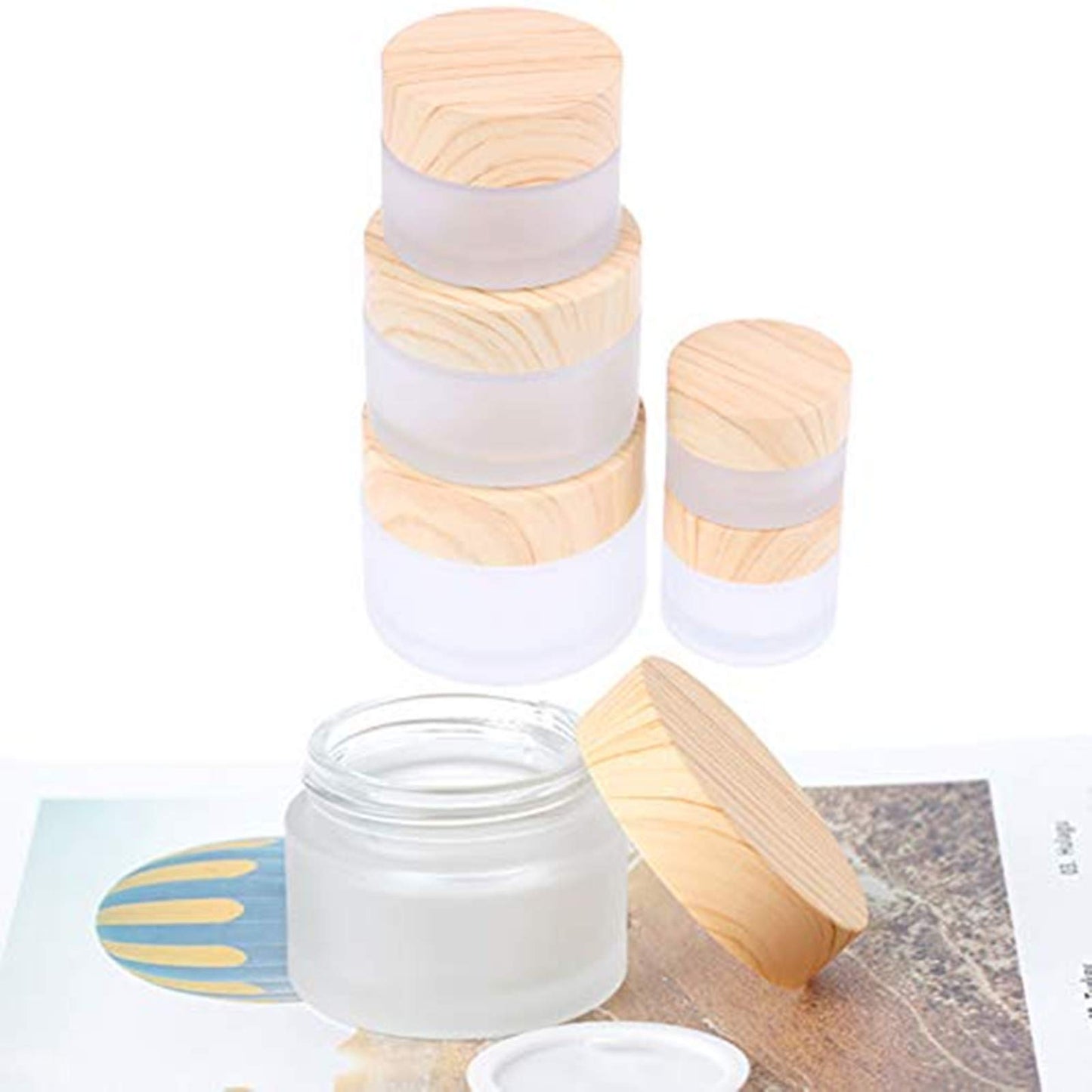 Healthcom 12 Packs 1 Oz Empty Jars 30ml Round Frosted Glass Cream Jar Bottles Holder with Wood Grain Lids Refillable Case Vial Pot Cosmetic Container Glass Bottles for Lotion Face Lip Balm Eye Cream