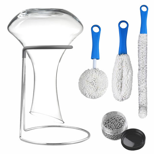Wine Decanter Drying Stand with Cleaning Brush and Decanter Cleaning Beads,Wine Decanter Drying Rack with Rubber Coated Top to Prevent Scratches.Decanter Cleaner for Standard Large Wine Decanters.
