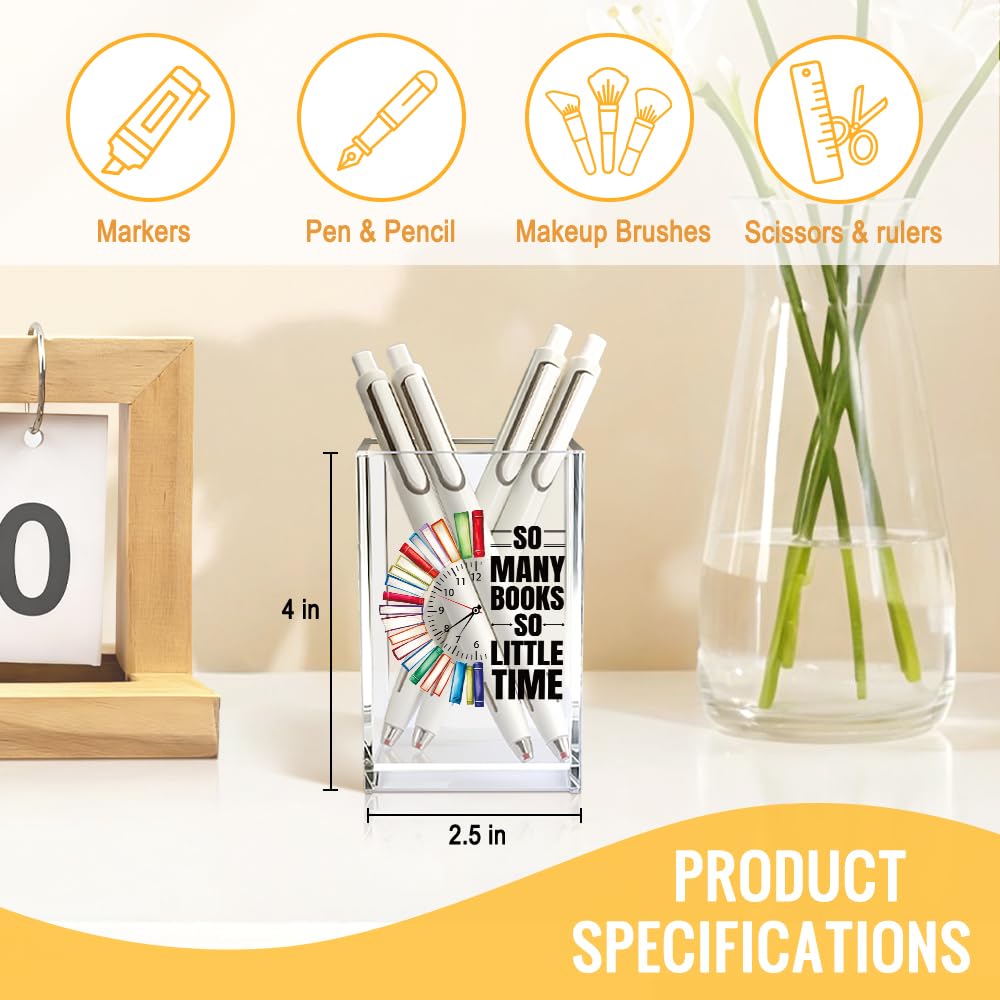 Mhfpl So Many Books So Little Time Acrylic Cosmetic Pencil Pen Holder Cup, Funny Bookworm Gifts for Reader Book Lover Student Librarian Book Club Member, Birthday Christmas Gifts for Student Teacher