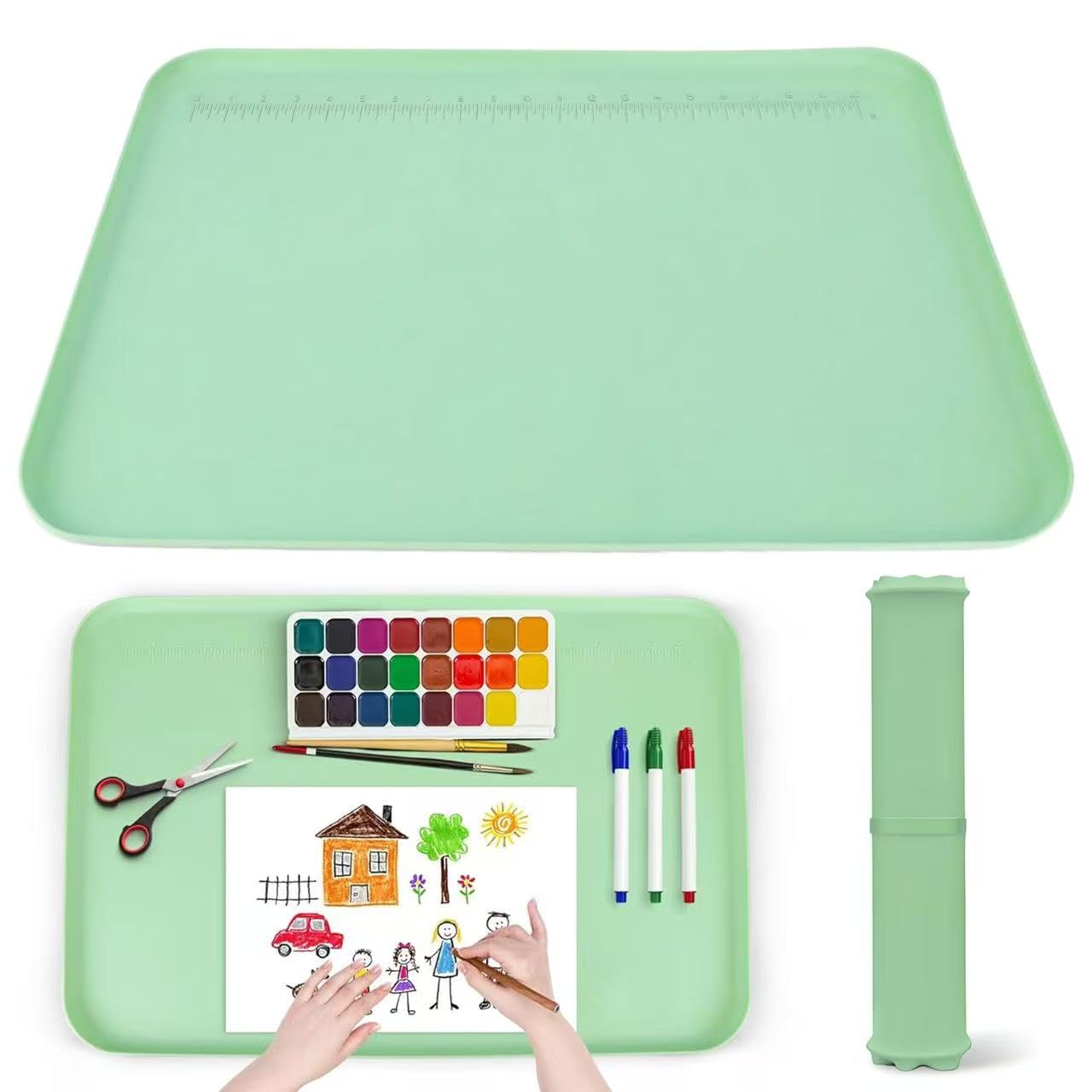 Premium Silicone Art Mat for Crafts, 24" x 16" Non-Slip Art Mat for Painting, Clay, Resin, Slime, Jewelry-Making, and Crafts – Waterproof & Easy to Clean, Raised Edges for Mess-Free Crafting (Green)
