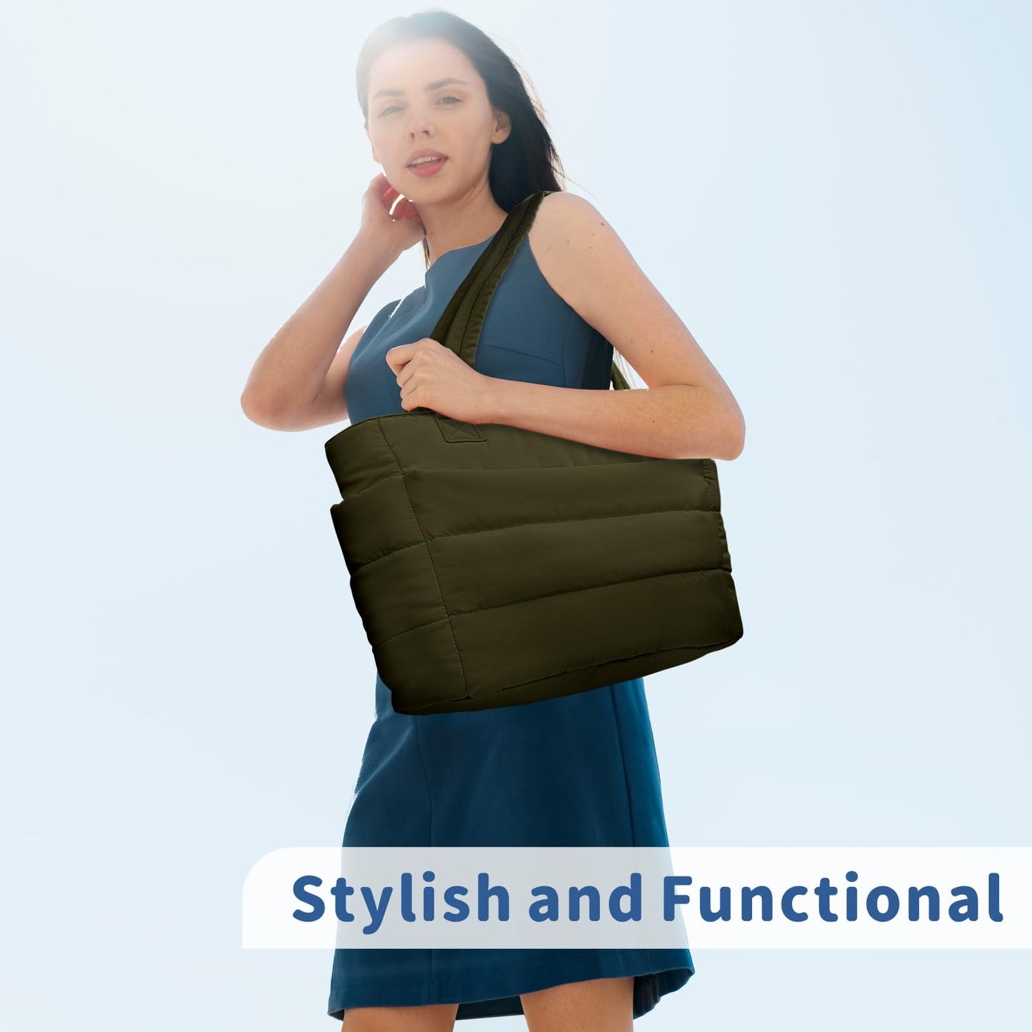 TOPDesign Puffer Tote Bag for Women, Lightweight Puffy Handbag with Compartments & Cosmetic Bag, Quilted Shoulder Bags for Work, Travel, Gym, Gifting (M Dark Green)