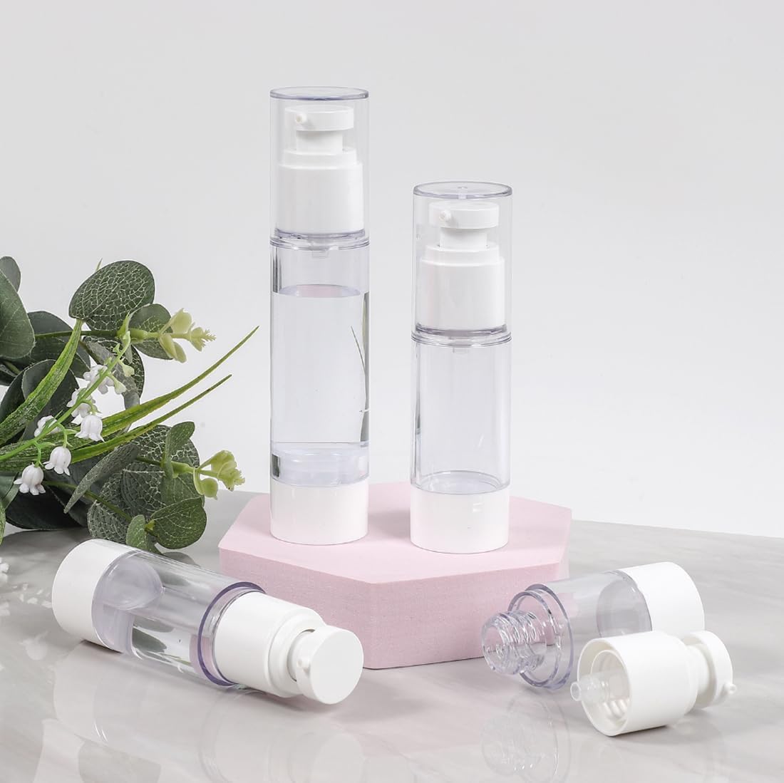 GIVITASOT 1.7OZ/50ML Airless Pump Bottles, 6 Pack Lotion Dispenser Travel Size Pump Bottles, Vacuum Cosmetic Travel Bottle for Lotion, Creams, Foundation, Cosmetic, with Labels, Wooeden Stick