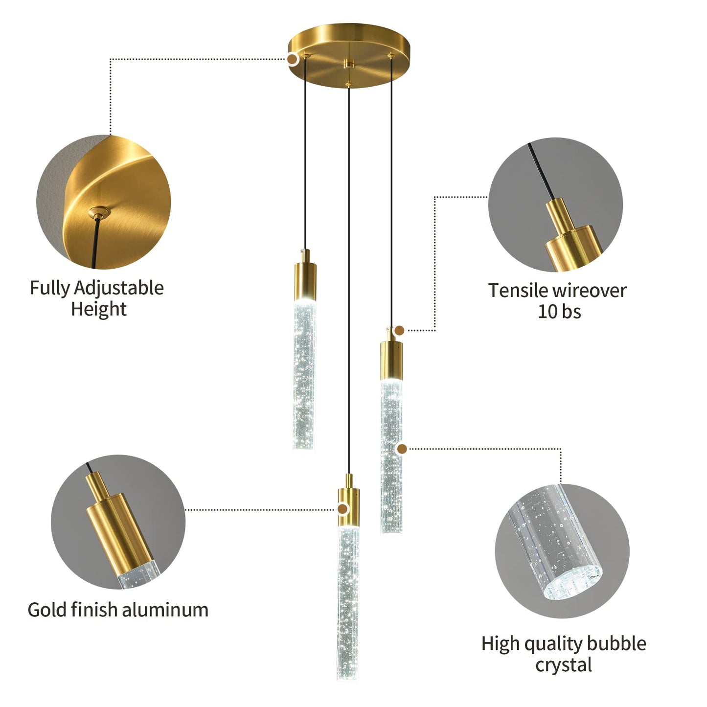 zhllmq Modern Light Fixture Kitchen Island Pendant Light Dimmable LED Gold Pendant Lights Mini Crystal Pendant Lighting for Bedroom Dining Room Living Room（3-Light ）
