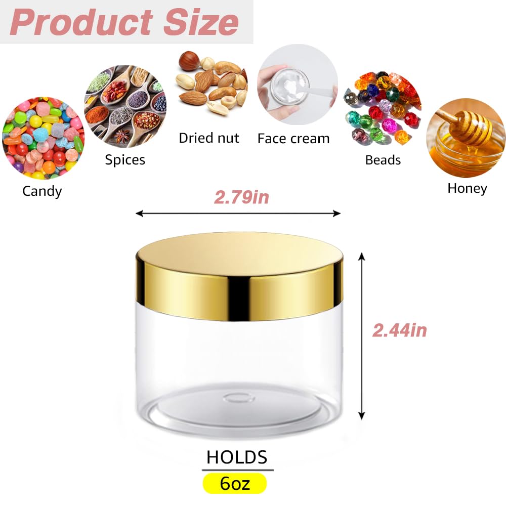 12 Pack 6 oz Plastic Cosmetic Containers With Gold Lids Refillable Clear Empty Travle Jars Containers for Body Butter,Sugar Scrubs,Cream,Lotions,Candy, Label&Spatulas