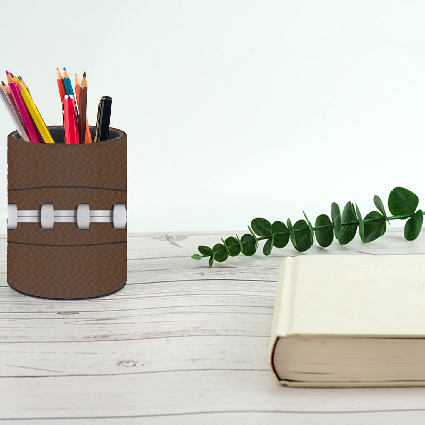 XUWU American Football Pen Holder Pencil Organizer Cute Pencil Cup Desk Decor Makeup Brush Holder PU Multifunctional Office Suppliesfor Home Classroom School