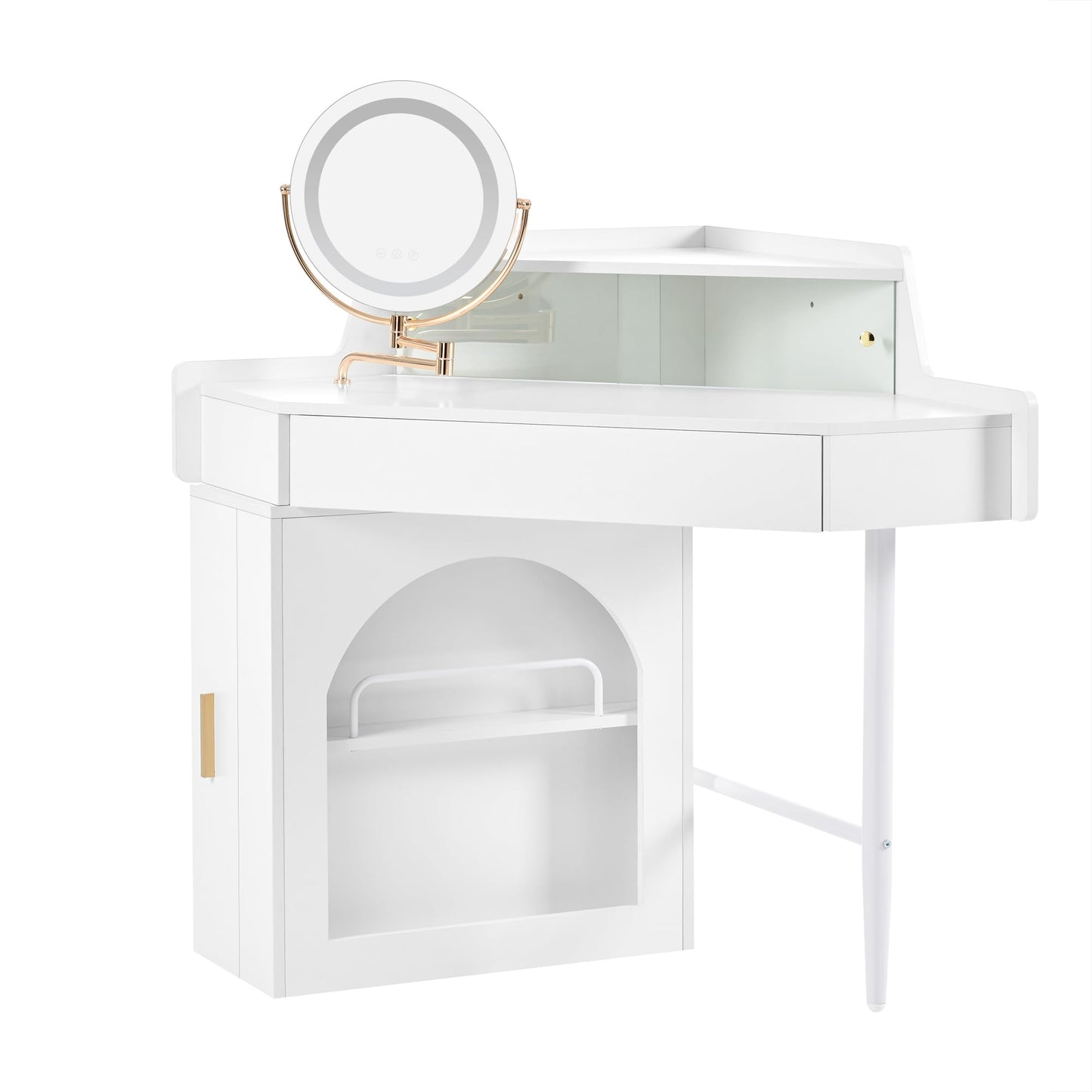 Merax Corner Vanity Desk with Mirror & LED Lights & Stool, Modern Makeup Vanity Table with Drawer Shelf Cabinet for Bedroom, Brightness Adjustable Folding Mirror (White)