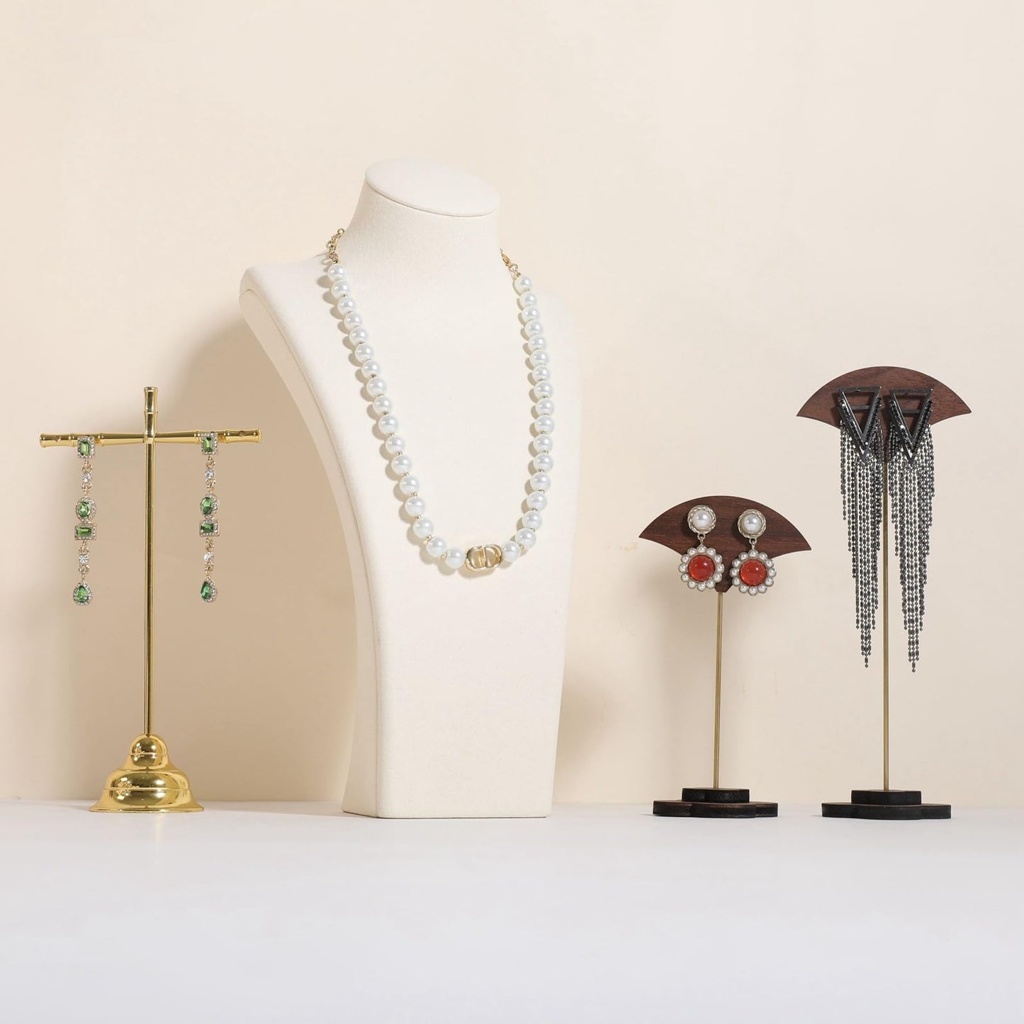 GemeShou Beige necklace storage organizer for sale, Velvet necklace holder stand, jewelry bust display stands, Jewelry Mannequin for Countertop, Showcase【Beige-Medium height 10.43 inch】