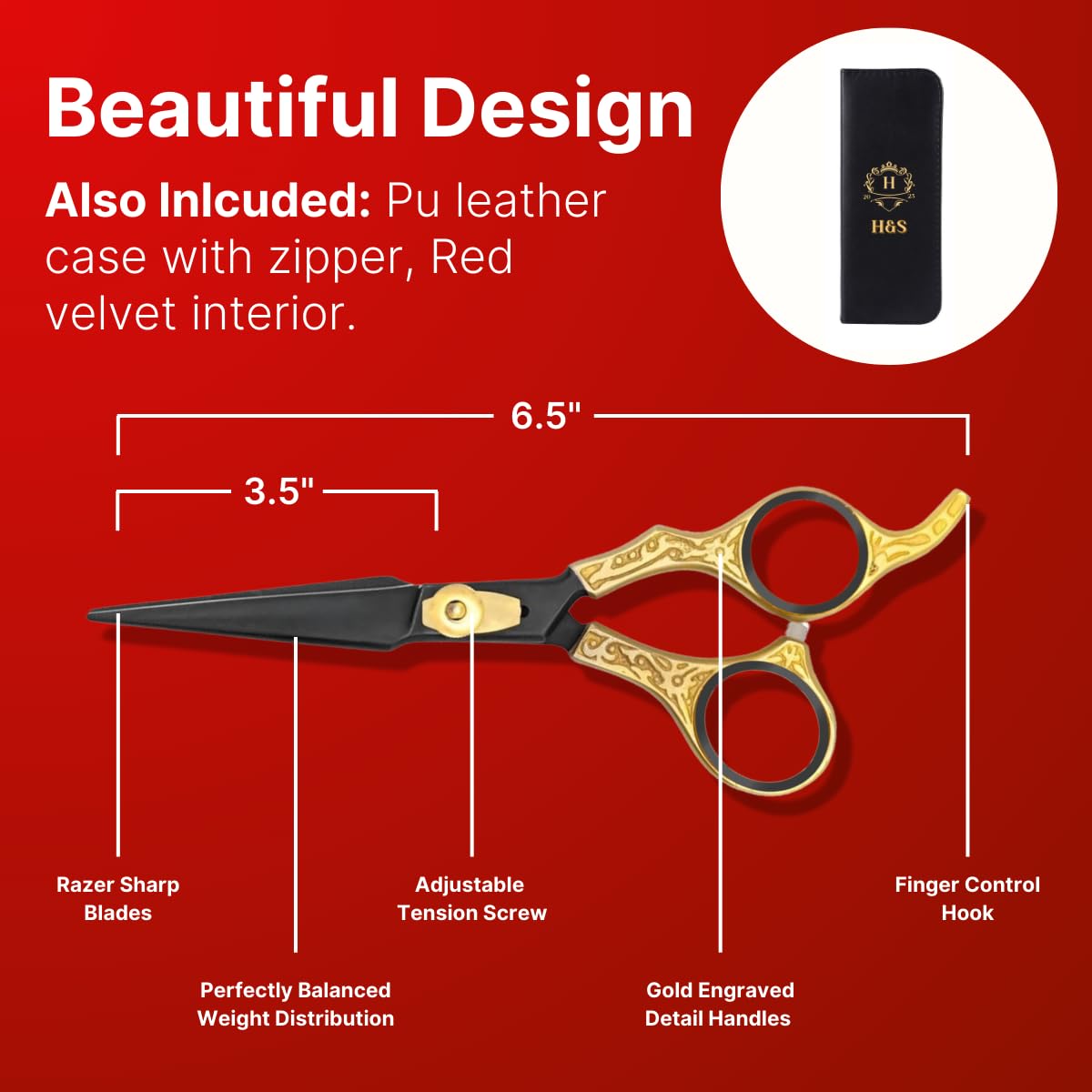 H&S GoldBlack Hair & Beard Cutting Scissors Japanese Steel Shears, 6.5 Inch