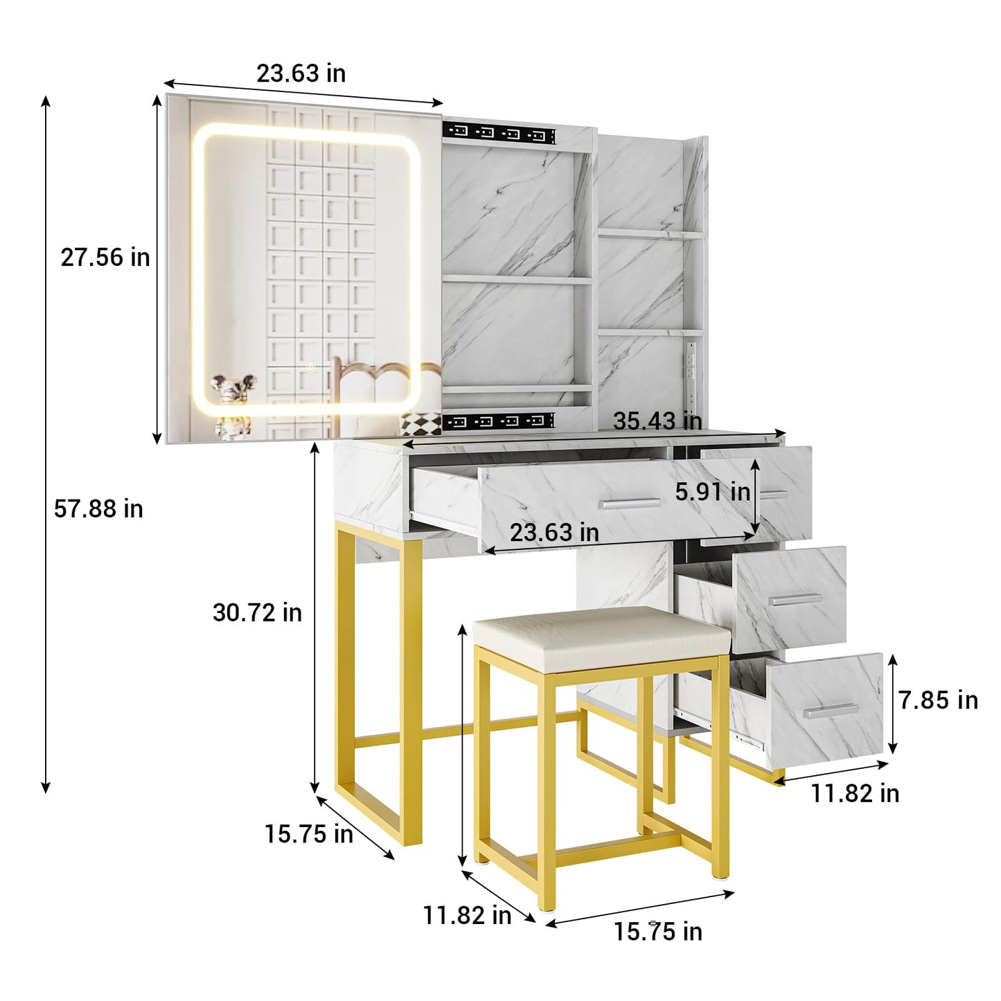 Marble White Makeup Vanity Desk with Lighted Mirror, 3 Color Modes & Power Outlets, 4 Drawers and 5 Shelves Dressing Table with Cushioned Stool, Modern Vanity Set for Women, Bedroom & Bathroom