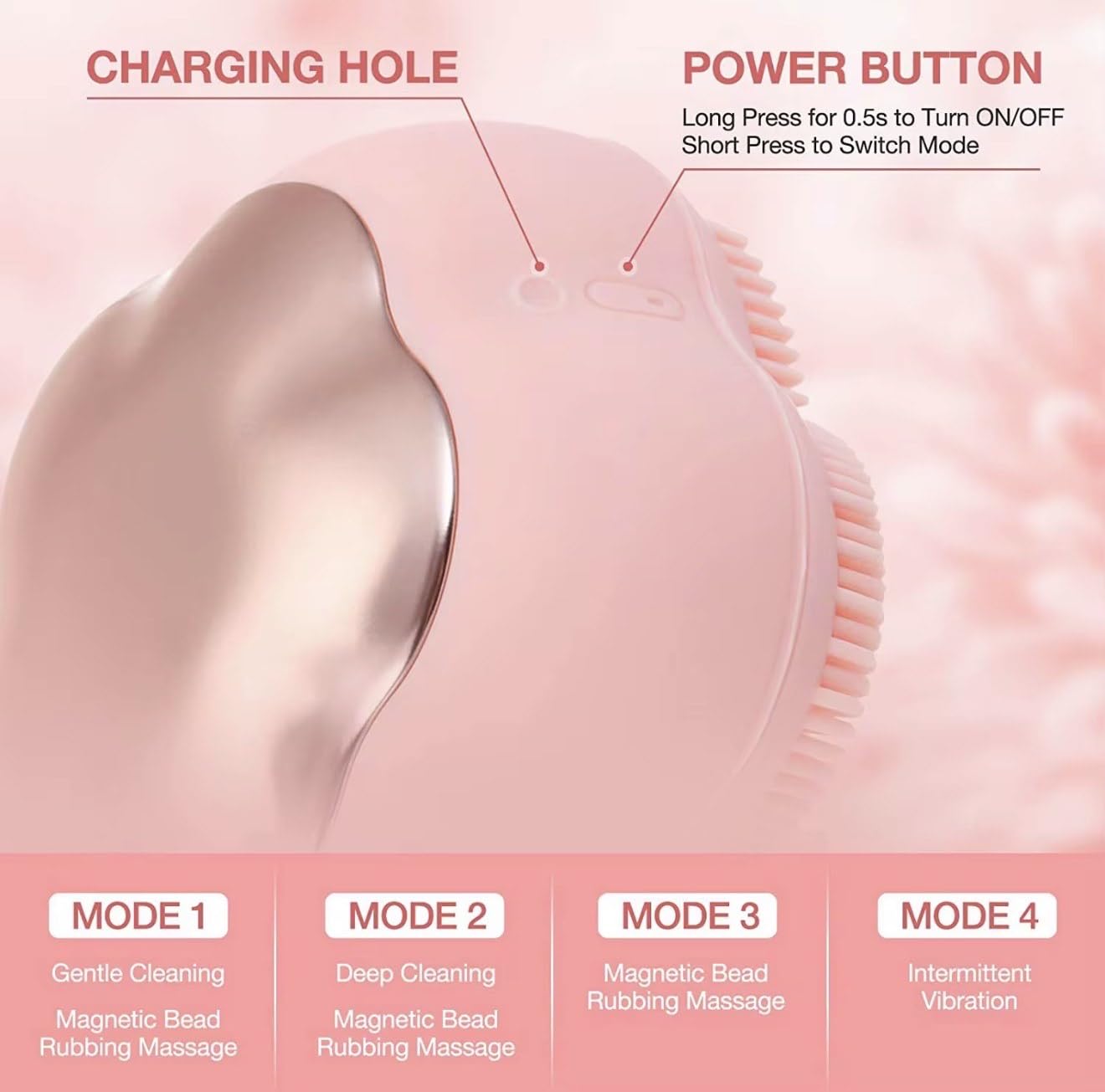 BEAUTIVANA Smart Facial Cleansing Device with Silicone Brush, 4 Modes, Magnetic Bead Massage, Rechargeable Waterproof Electric Face Cleanser, Pink