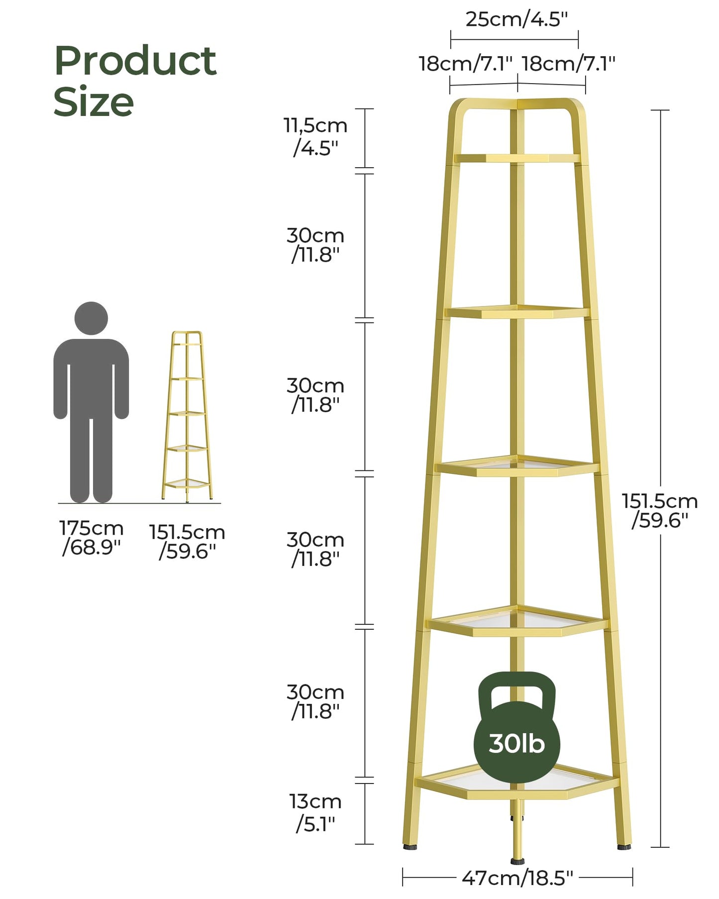 CHOEZON 5-Tier Corner Shelf, 59.6” Corner Storage Stand, Floorstanding Dispaly Rack, Tempered Glass Corner Bookshelf, Open Plant Stand, for Living Room, Bedroom, Study, Bathroom, Gold TCJ21GJ