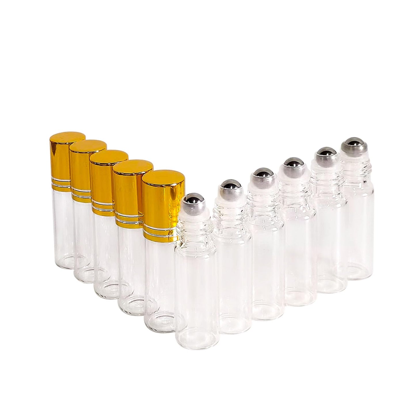 PYAWI 50 PCS 5ml Clear Glass Essential Oil Roller Bottles with Stainless Steel Roller Ball,Gold Caps,for Travel Perfume-2 Funnels, 2 Dropper, 1 Opener (5ml)
