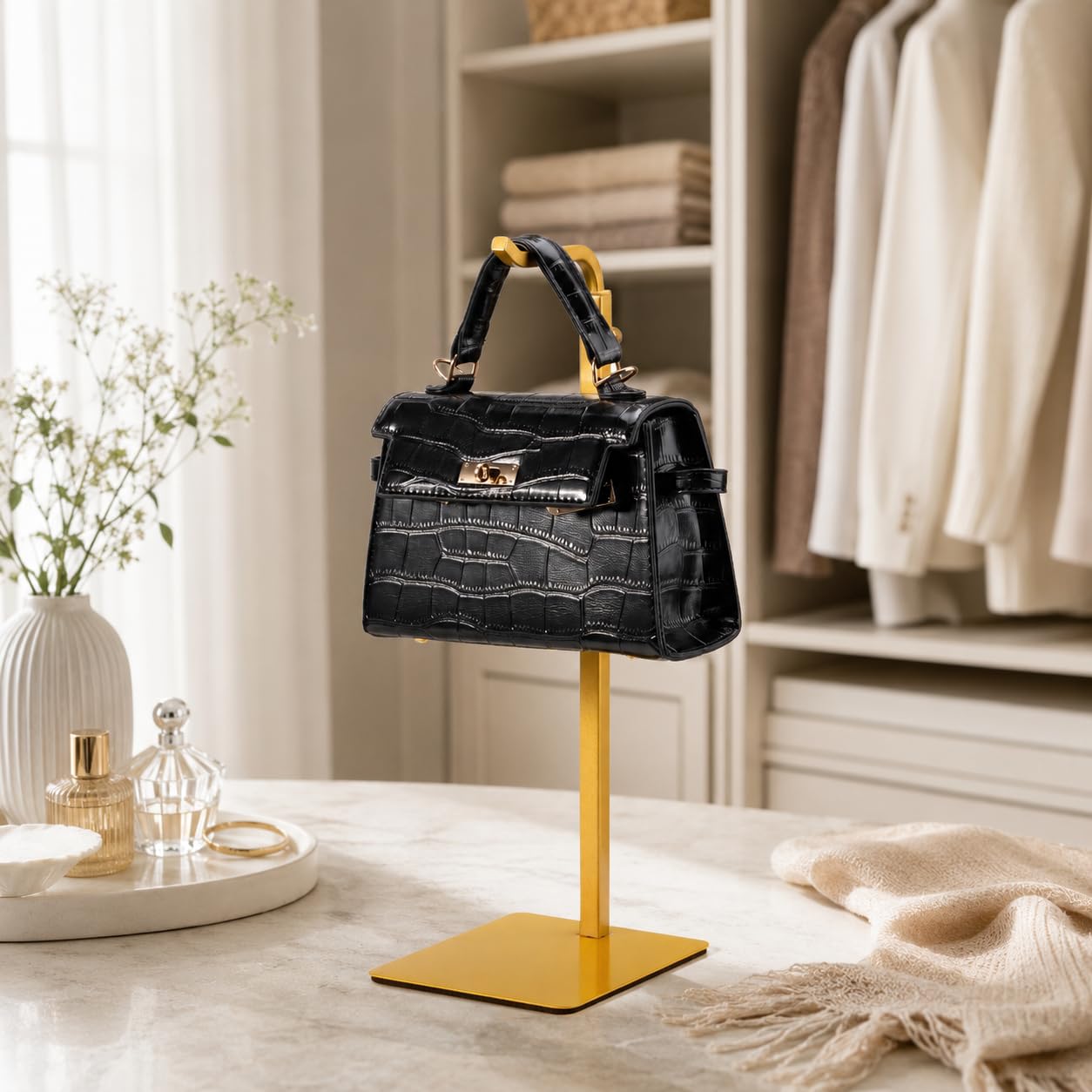 Josmimic Purse Display Stand, Height-Adjustable Tabletop Handbag Holder, Multi-Use Display Rack and Banner Stand for Happy Birthday Banners, Lanterns and Wreaths, for Home, Retail and Party Use, Gold