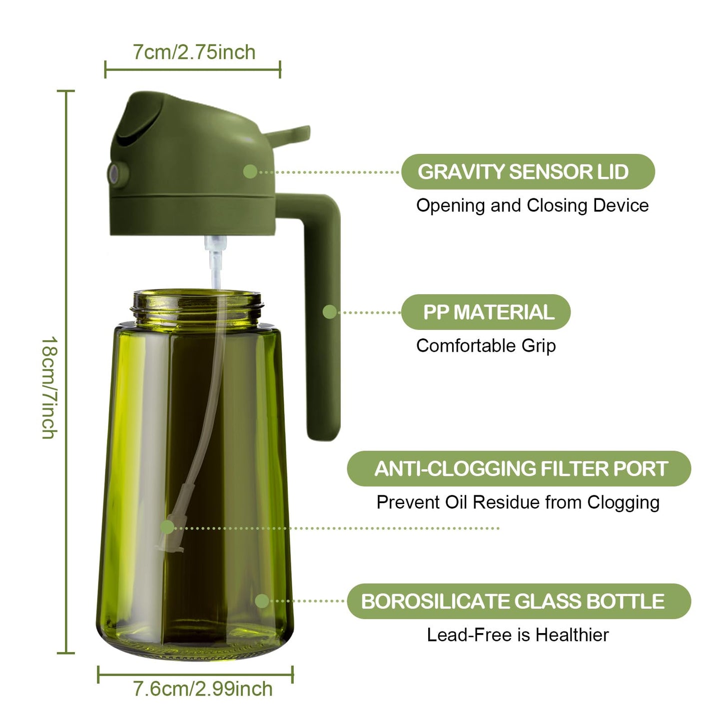 YARRAMATE 2Pcs 16oz/470ml Dark Green Oil Sprayer for Cooking with Stickers, Food-grade Premium 2 in 1 Olive Oil Dispenser Bottle for Kitchen Gadgets, Air Fryer, Salad, Frying, BBQ (Black&OliveGreen)