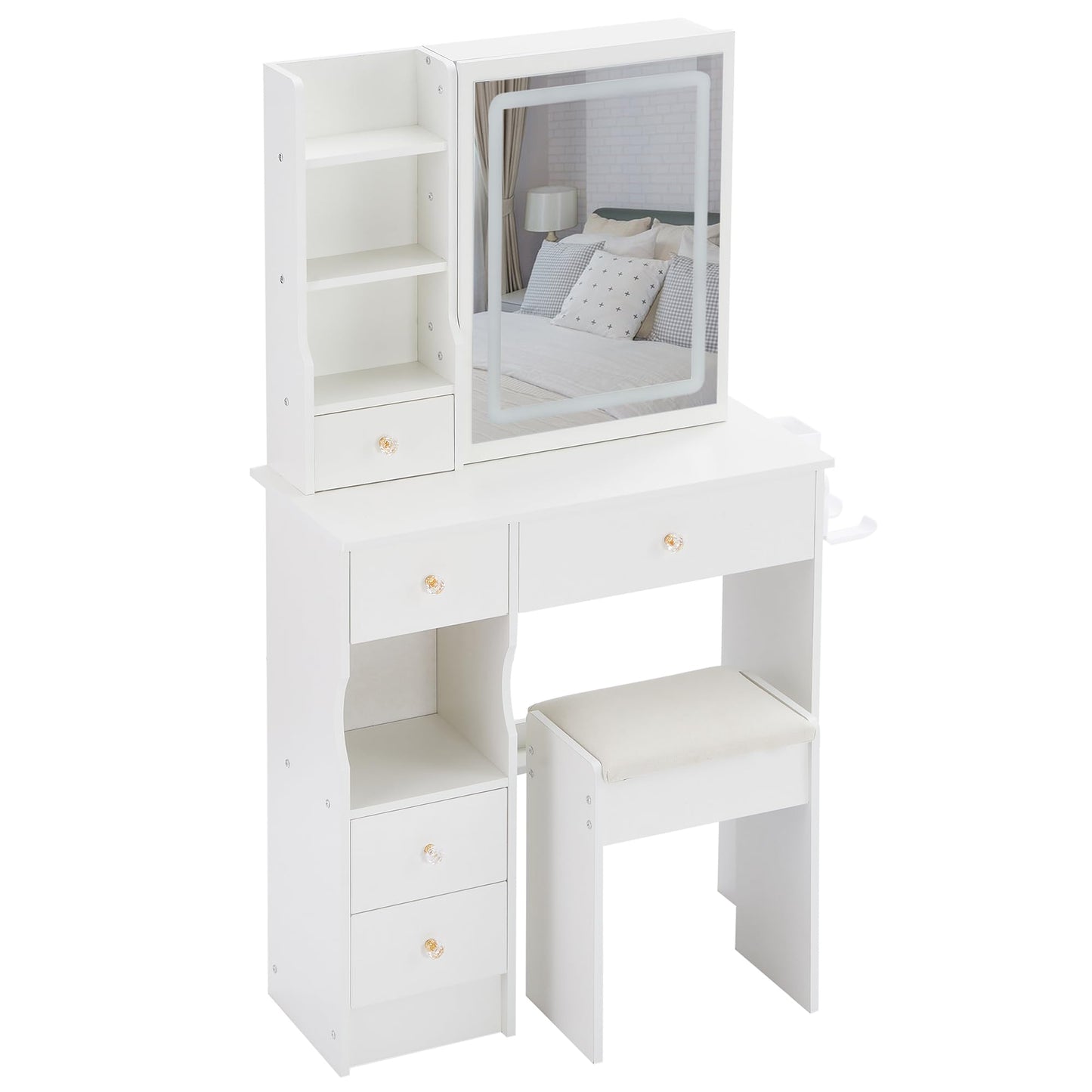 KEIKI Vanity Desk with Mirror Light and Charging Station, Makeup Vanity Table with Stool, Storage Drawer & Hair Dryer Holder, 29.2" Small Dressing Table Set with Tri-Color Lighting for Bedroom, White