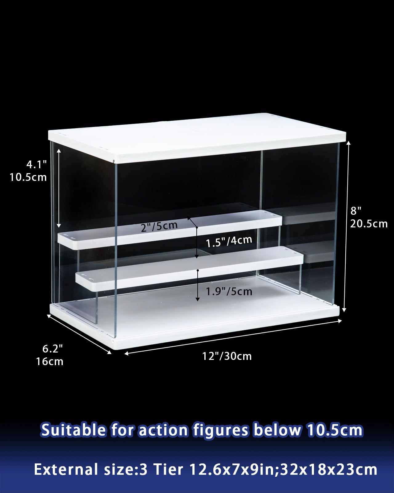 AZEYN Clear Acrylic Display Case with Light , 3 Tier Display Box Stand Assembly Dustproof Protection Showcase for Collectibles Action Figures (White 12.6×7×9in; 32×18×23cm)