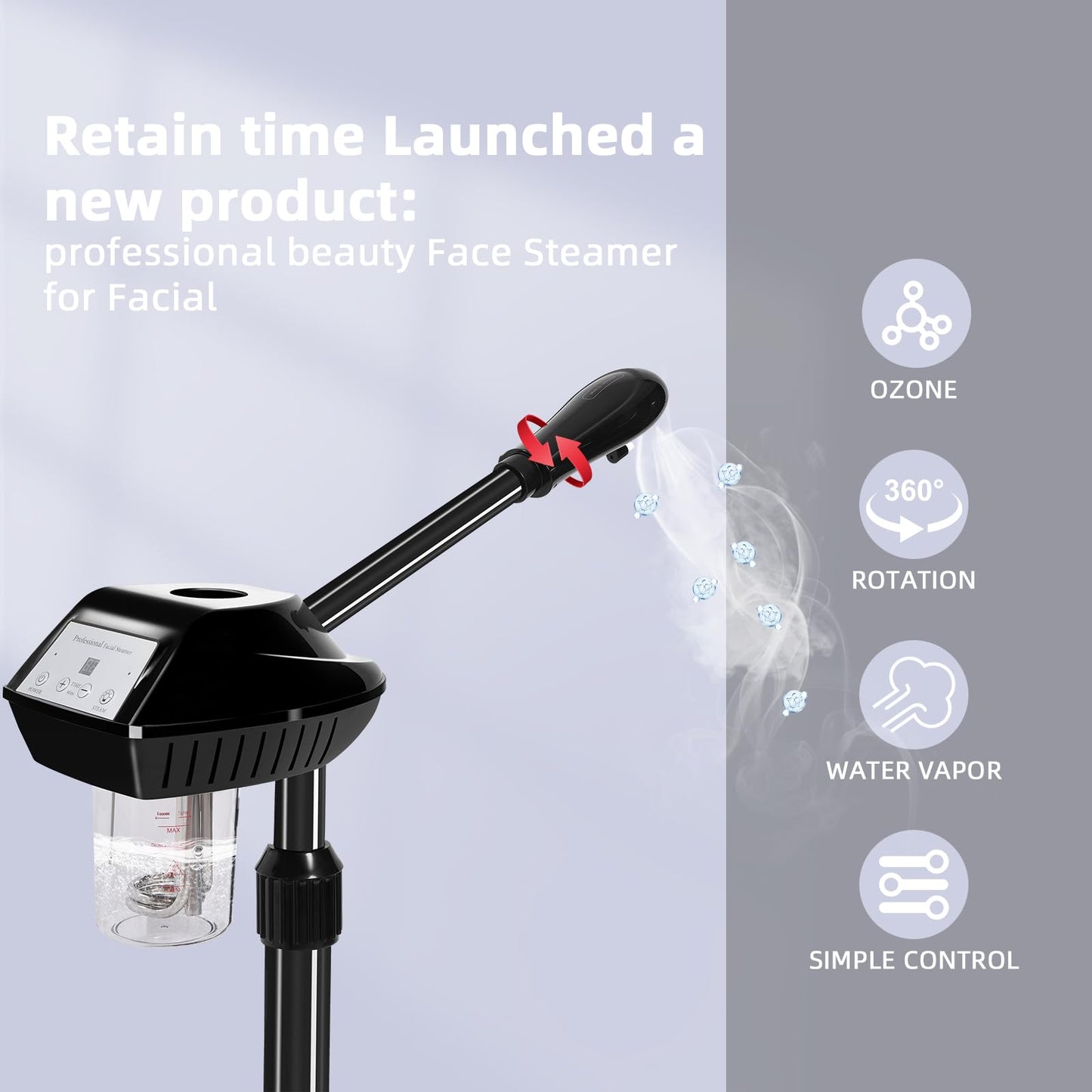 Retain time Rollable Facial Steamer with Powerful Steam Output, Adjustable Height Face Steamer, Professional Skin Hydrating Moisturizing Spa Machine for Home & Beauty Salon Use