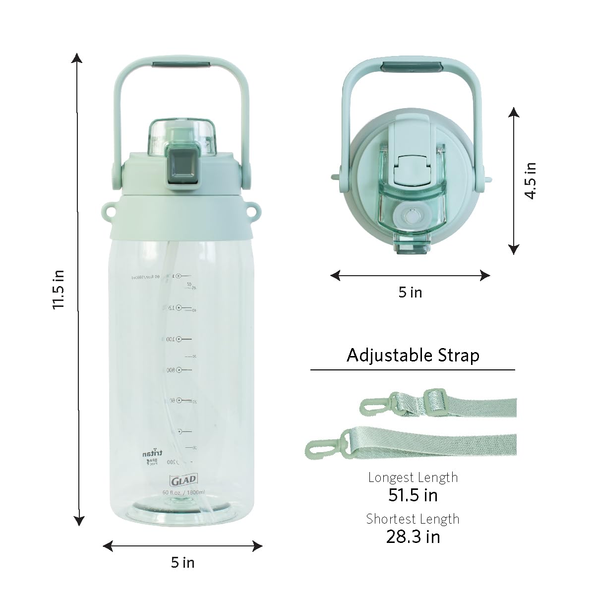 Glad Tritan Water Bottle - BPA Free, Straw & Chug Lid, Leak Resistant - Durable Plastic Hydration Water Bottle with Adjustable Strap for Hiking and Sports, 60oz, Green