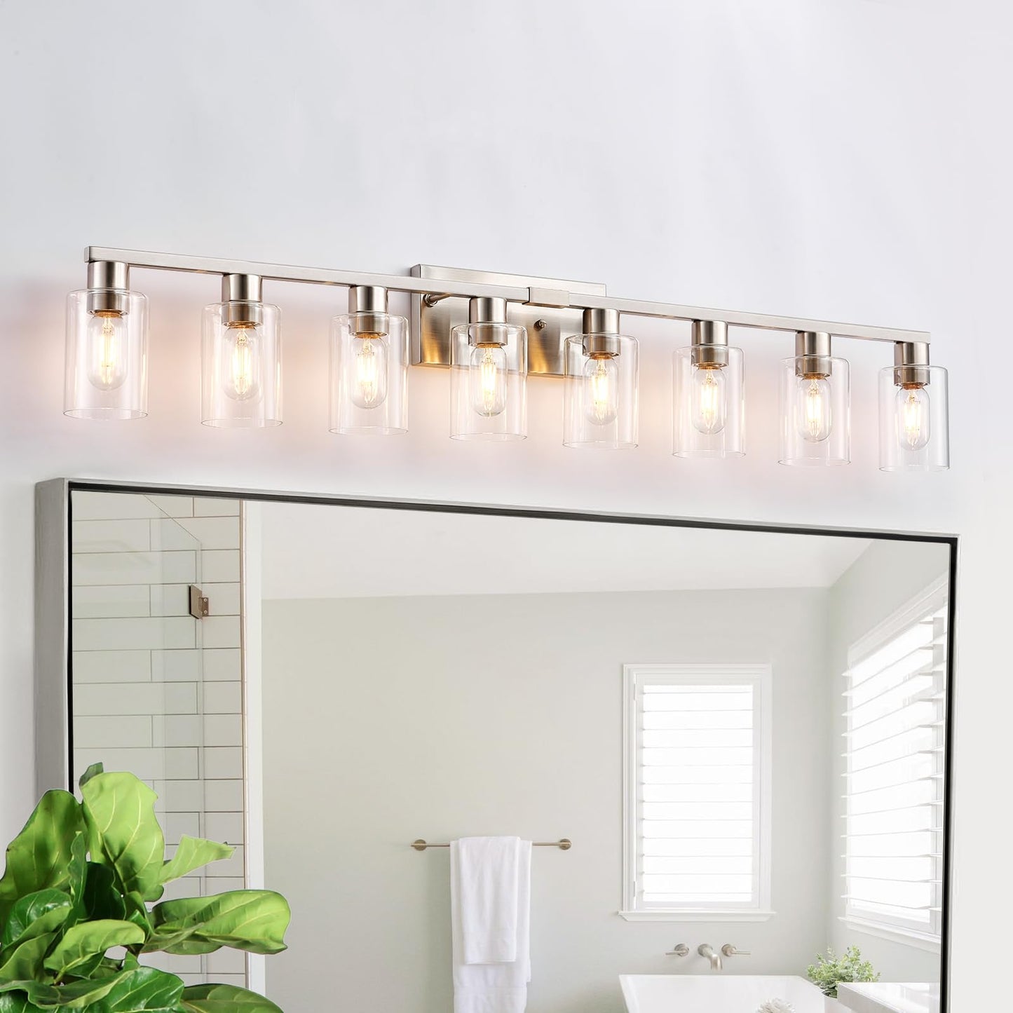 DIDUIO 8 Light Bathroom Vanity Light Brushed Nickel Bathroom Light Fixtures 8-Light Vanity Lights for Bathrrom Lights Fixtures Over Mirror Large Wall Sconce with Clear Glass Shade