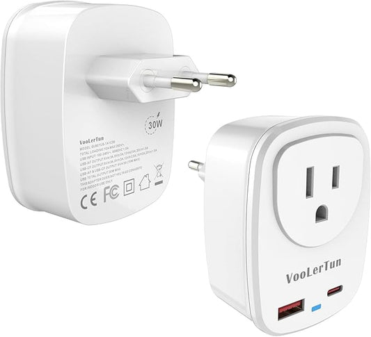 Type C Plug Adapter, VooLerTun Frence Germany Travel Adapter with 30W Fast Charge Power Adapter Dual Ports Compatible iPhone 17/16 Series, 1 American Outlet Adapter, US Converter for European Travel