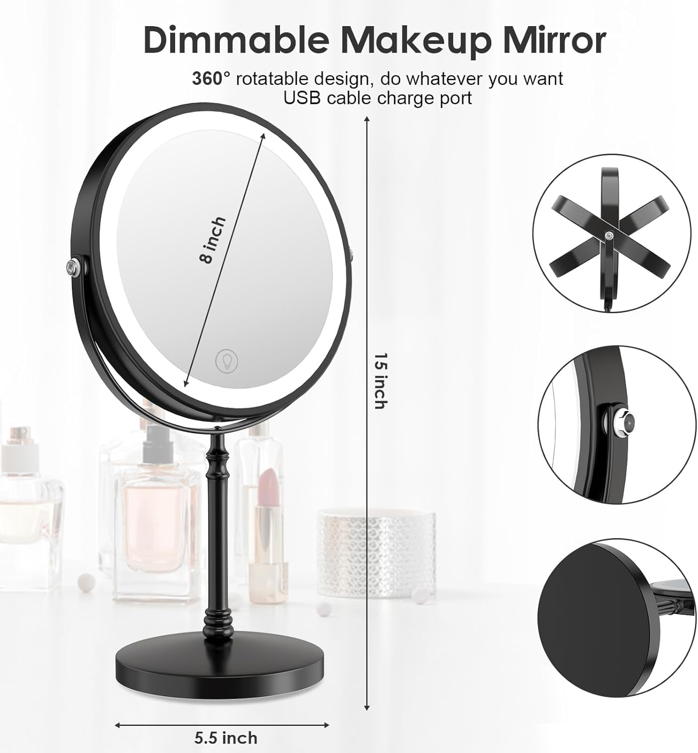 DEIOVWXS Makeup Mirror, Rechargeable Vanity Mirror with 3 Lights, 1X/10X