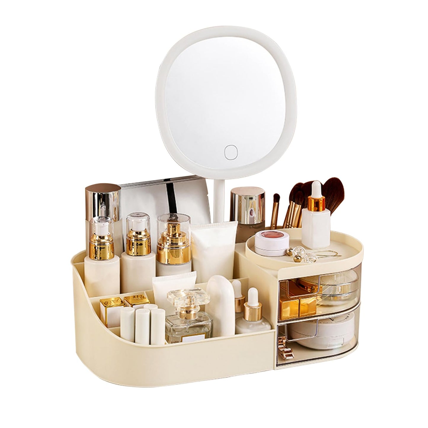 DASITON Makeup Organizer with Rechargeable Mirror,Makeup Brush Holder with 2 Drawers,Skincare and Cosmetics Organizer Countertop,Large Capacity Cosmetic Display Case for Vanity,Bedroom,Bathroom(Cream)