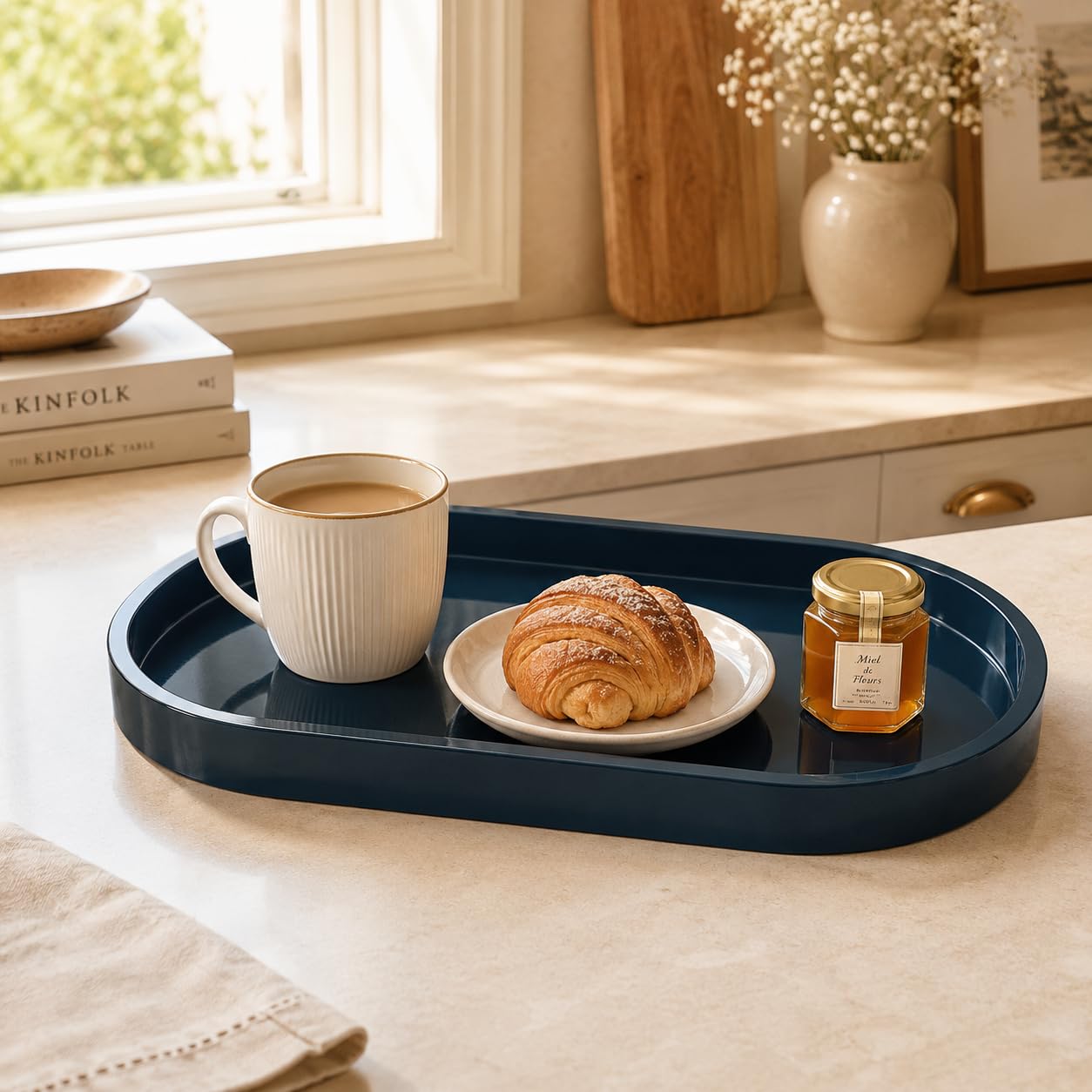 QOLyabnbn 12" Bathroom Counter Tray,Vanity Tray,Decorative Tray,Perfume Tray,Jewelry Tray, Coffee Table Tray,Soap Tray, Thickened Small Tray for Makeup,Perfume,Candles,Keys,Trinkets,Dark Blue,1 Pack