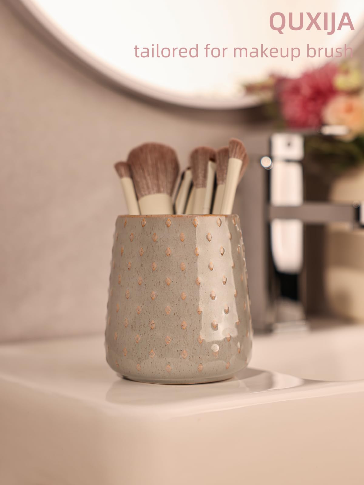 QUXIJA Ceramic Makeup Brush Holders Bathroom Vanity, Brushes Cup (Vintage Grey)