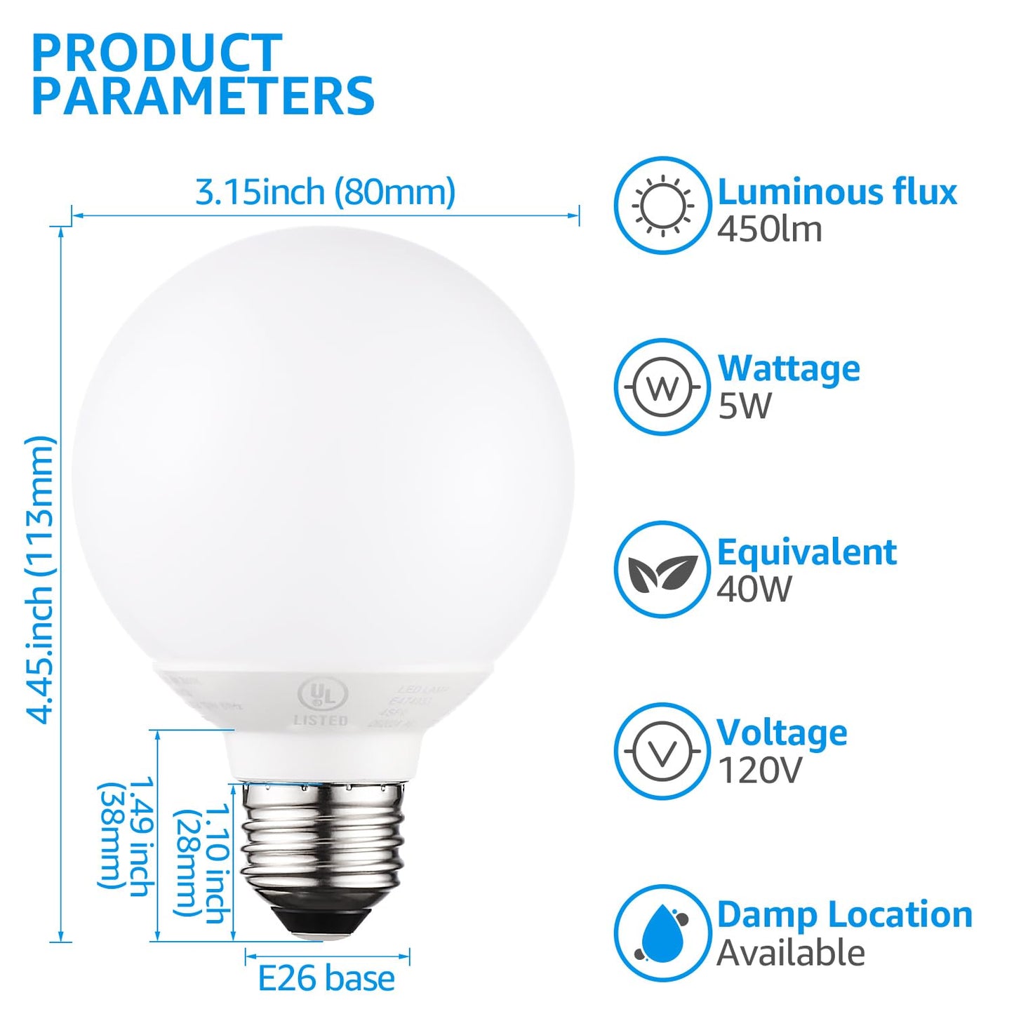 TORCHSTAR 12-Pack G25 LED Light Bulbs, 5W 450LM, Dimmable, 5000K