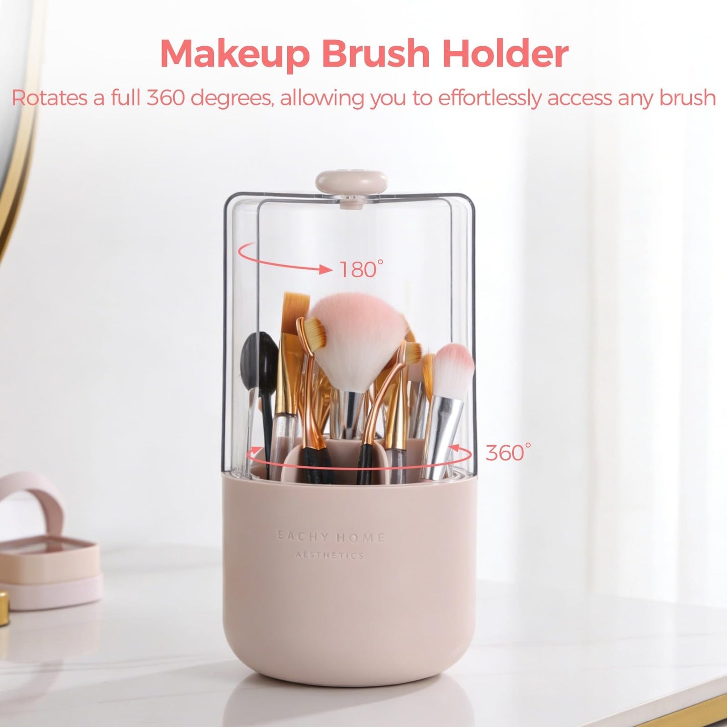Makeup Brush Holder with Lid, 360 Rotating Makeup Brush Holder, Dustproof Make Up Brushes Organizer with 7-Compartment, 10.2x5.1x5.1 in, Pink