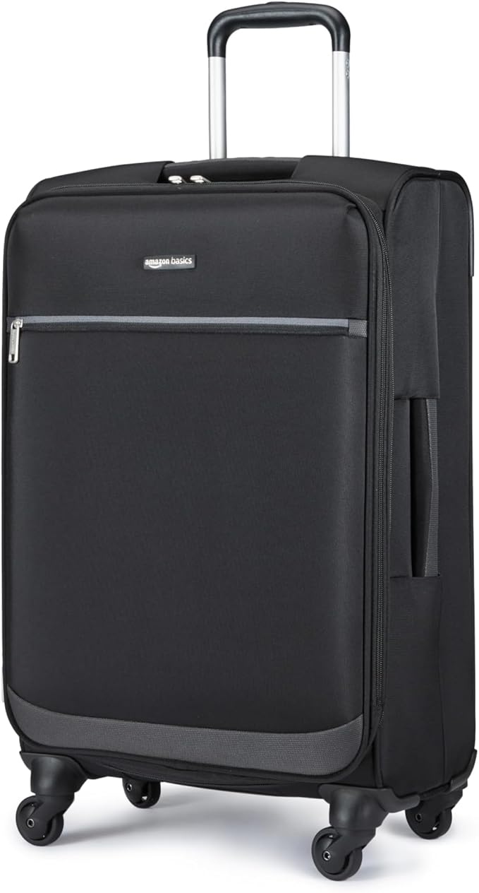 Amazon Basics Luggage, 23" Medium Checked Softside Suitcase With Wheels, With Four 360-Degree Multi-directional Spinner Wheels, Expandable Space, Zippered Pocket and Straps, Telescopic Handle, Black