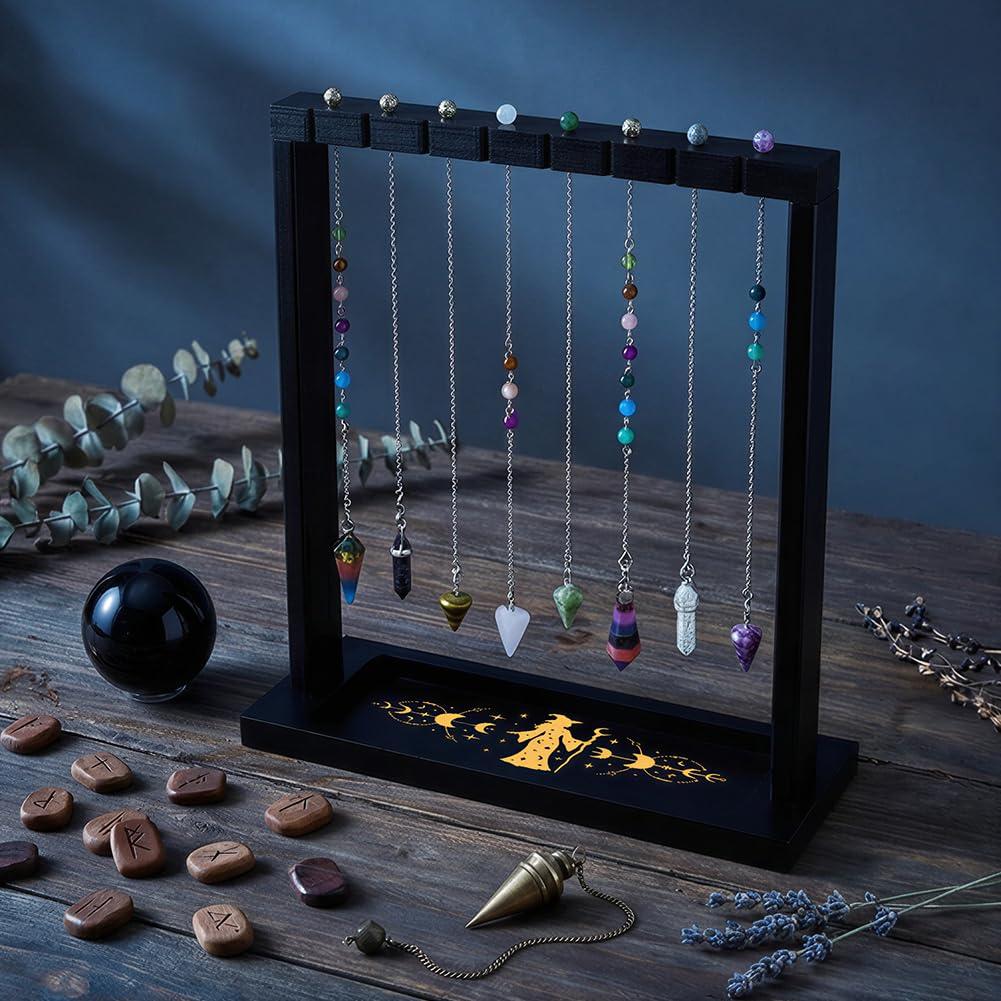 BEUNITONE Witch Design Display Stand, Wooden Crystal & Jewelry Holder Organiser Divination Tools for Stones Necklaces Witchcraft Supplies for Home Decor, Market Stall and Craft Fair Showcase