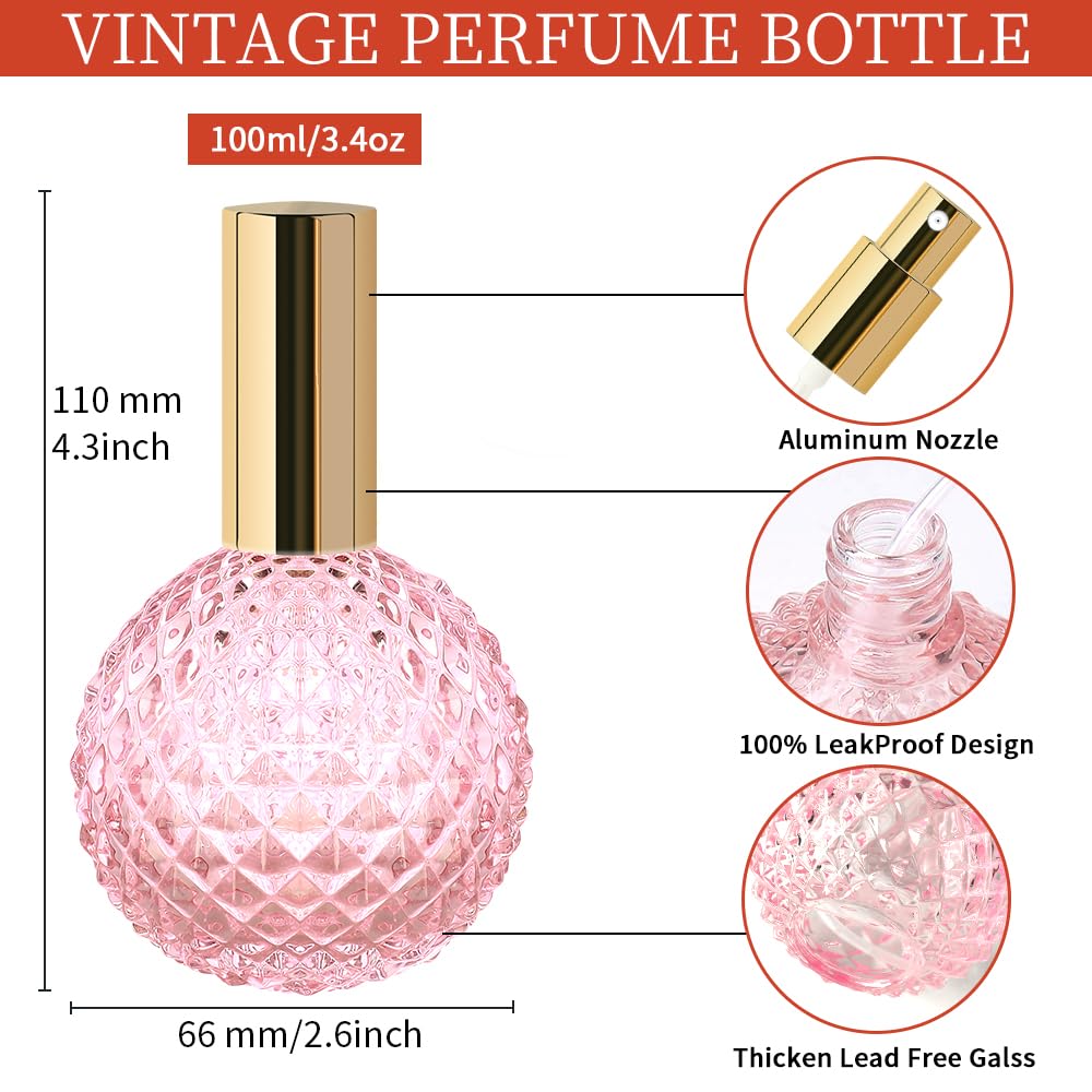 Pink Vintage Perfume Bottle - Refillable Glass Perfume Atomizer, Fine Mist Spray Bottle for Travel, Home, Bathroom, Leak-Proof Elegant Portable Perfume Bottle