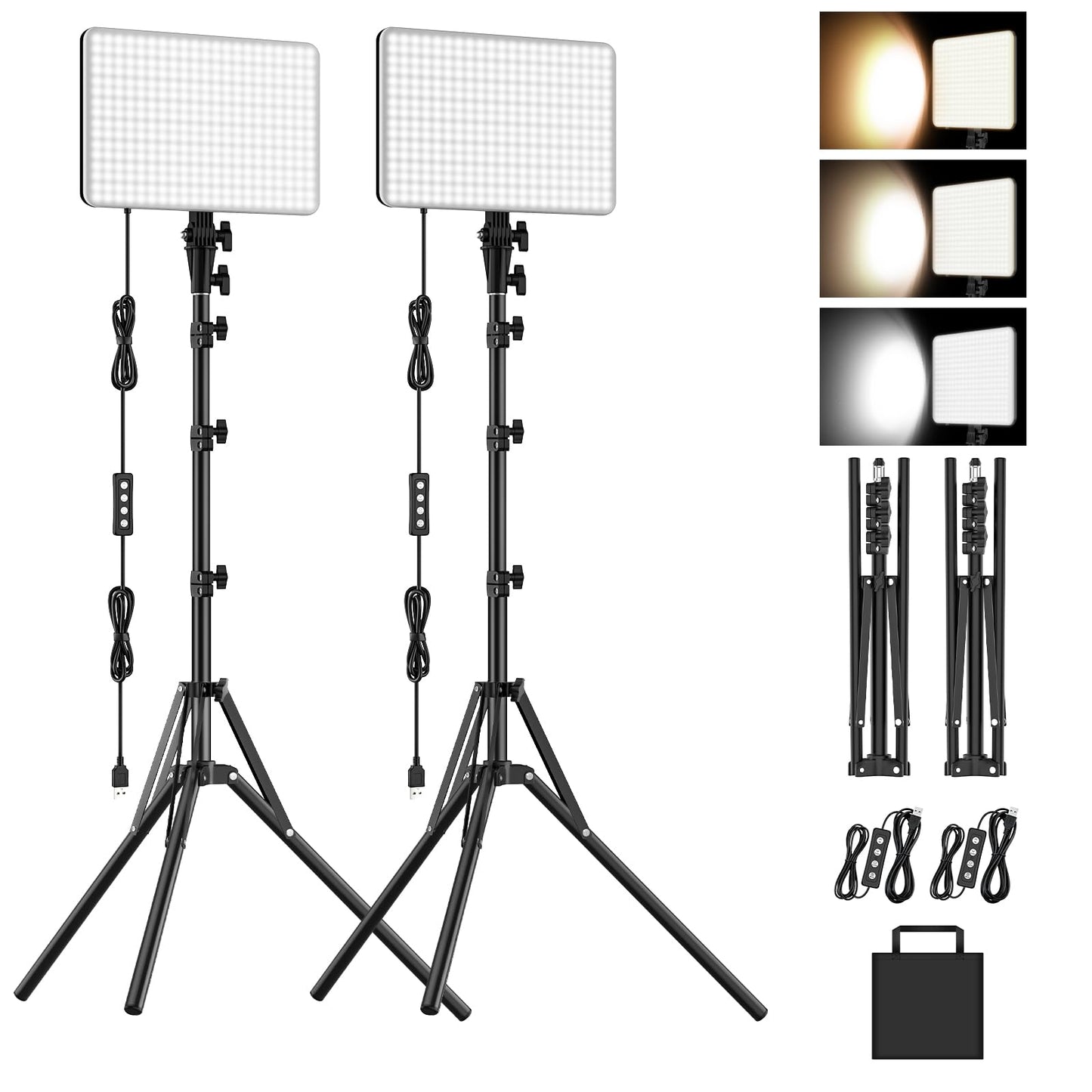 2-Pack LED Video Lighting Kit, Anautin 15W/1700Lux Photography Lighting with Tripod Stand, 2500-8500K Dimmable Streaming Light for Video Recording, Gaming, Podcast, Barber, Salon, TikTok, YouTube