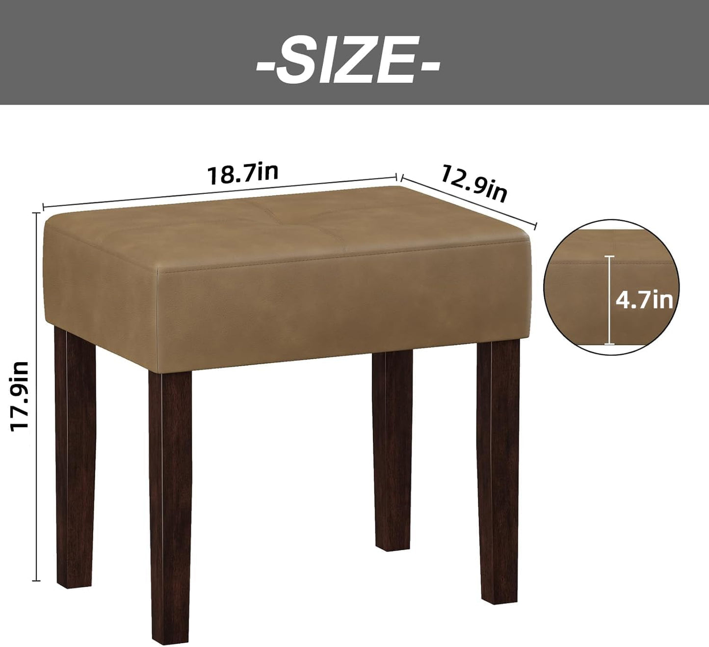 EOSVALO Leather Vanity Stool, 18.7 Inch Wide Rectangle Ottoman Bench for Makeup Room, Vanity Chair with Wood Legs for Piano Room, Bedroom,Living Room with Customizable (Brown)