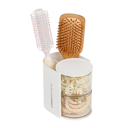 FABROK 2-Layer Clear Hair Accessories Organizer with Hair Brushes Holder, Rotatable Small Jewelry Box for Necklaces、Earring, Desktop Organizer Case for Makeup Brushes, Hair Accessories, Cotton Swab