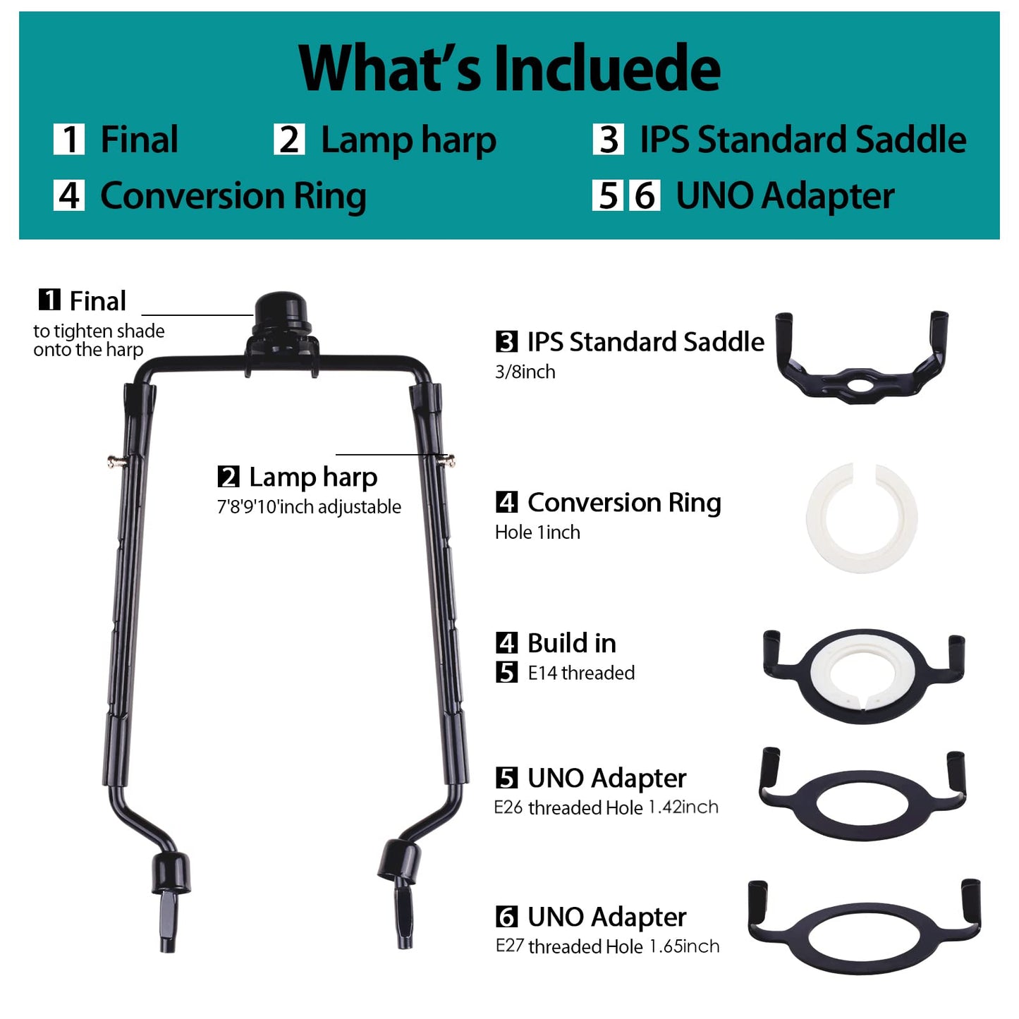 2Pack HZHFCB 7 8 9 10 inch Lamp Shade Harp Holder,Adjustable Lamp Harp Kit,Fit 3/8 IP Standard,E14,E26,E27 Light Base UNO Fitter Adapter,Black Horn Frame Lampshade Bracket(Black)