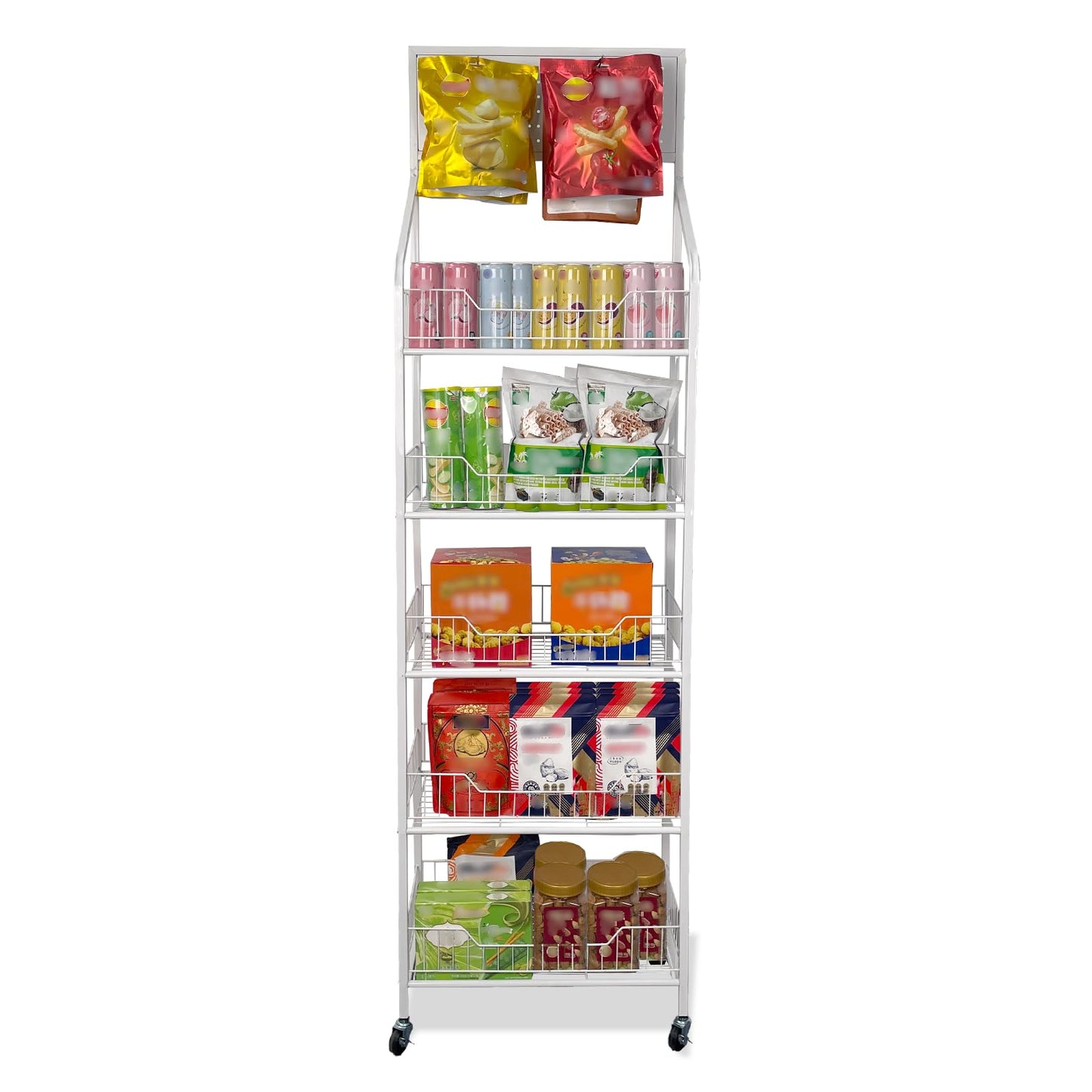 5 Tier Snack Rack Display Stand - Retail Display Shelves with Top Pegboard, 15 Hooks, Bakery Display Rack on Wheels for Easy Mobility and Organization (White)