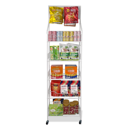 5 Tier Snack Rack Display Stand - Retail Display Shelves with Top Pegboard, 15 Hooks, Bakery Display Rack on Wheels for Easy Mobility and Organization (White)