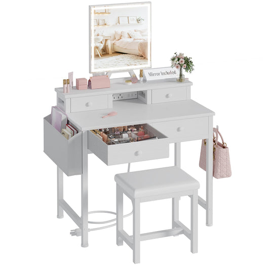 KAI-ROAD White Makeup Vanity Desk with Mirror and Lights, Vanity Set with Chair, Make Up Dresser Table with Drawers and Power Outlet for Girls Bedroom Small Space