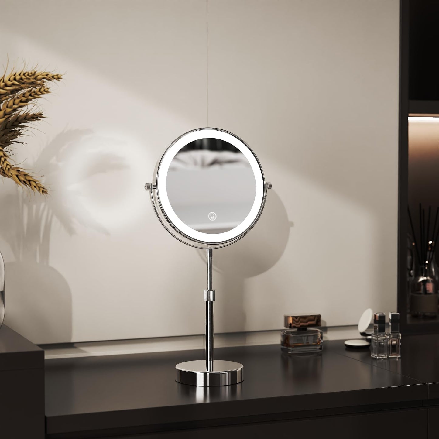 Nicesail LED Lighted Makeup Mirror Tabletop, 10X Magnifying Mirror with 3 Color Lights, Brightness Adjustable Height, Light up for Desk Make up Vanity Table, Double Sided Chrome Finish (8 Inch, 10X)