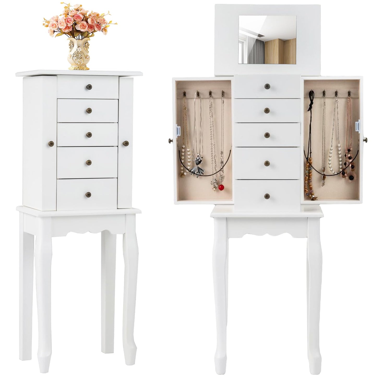 Giantex Standing Jewelry Armoire Cabinet with 4 Drawers, Flip Top Mirror, Top Storage Compartments, 2 Side Doors with 8 Necklace Hooks, Freestanding Jewelry Organizer Box Chest (White)