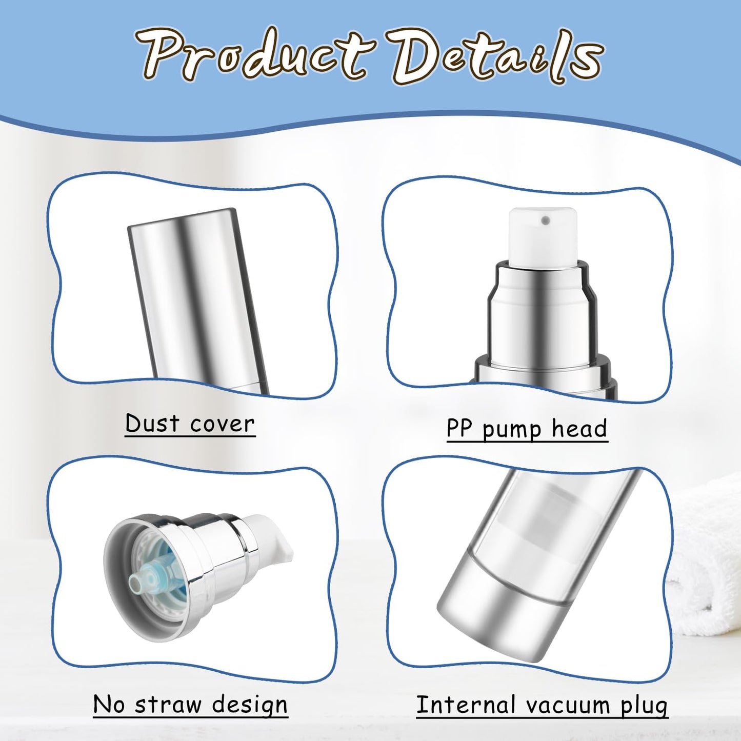 DynnnDy 50ml/1.7oz Empty Airless Pump Bottles with Silver Pump Head 8 Pcs Plastic Vacuum Bottle Refillable Cosmetic Containers for Lotion Cream Foundation,1Funnel & 1 Pipette