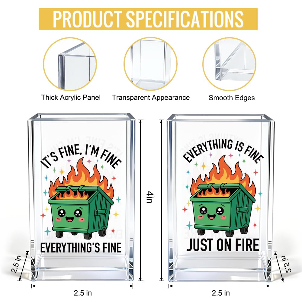JQYCJTR I'm Fine Cute Office Pen Holder for Desk, Everything Is Fine Just On Fire Post it Holder for Desk, Funny Work Quotes 2 Pack Acrylic Cosmetic Pencil Pen Holder Cup, Office Gifts for Coworker