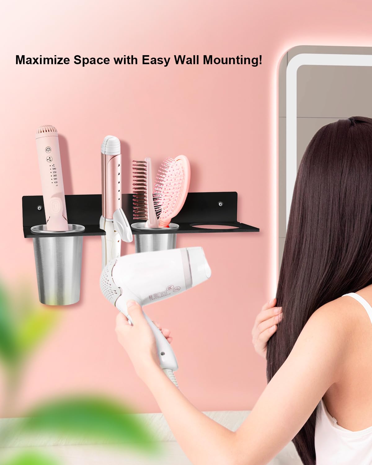 Bollmisde Hair Tool Organizer, Hair Dryer Holder with Heatproof Steel Cups, Acrylic Vanity Organizer for Curling Iron, Flat Iron & Hair Brushes, Perfect for Bathroom (Black, Oversized)