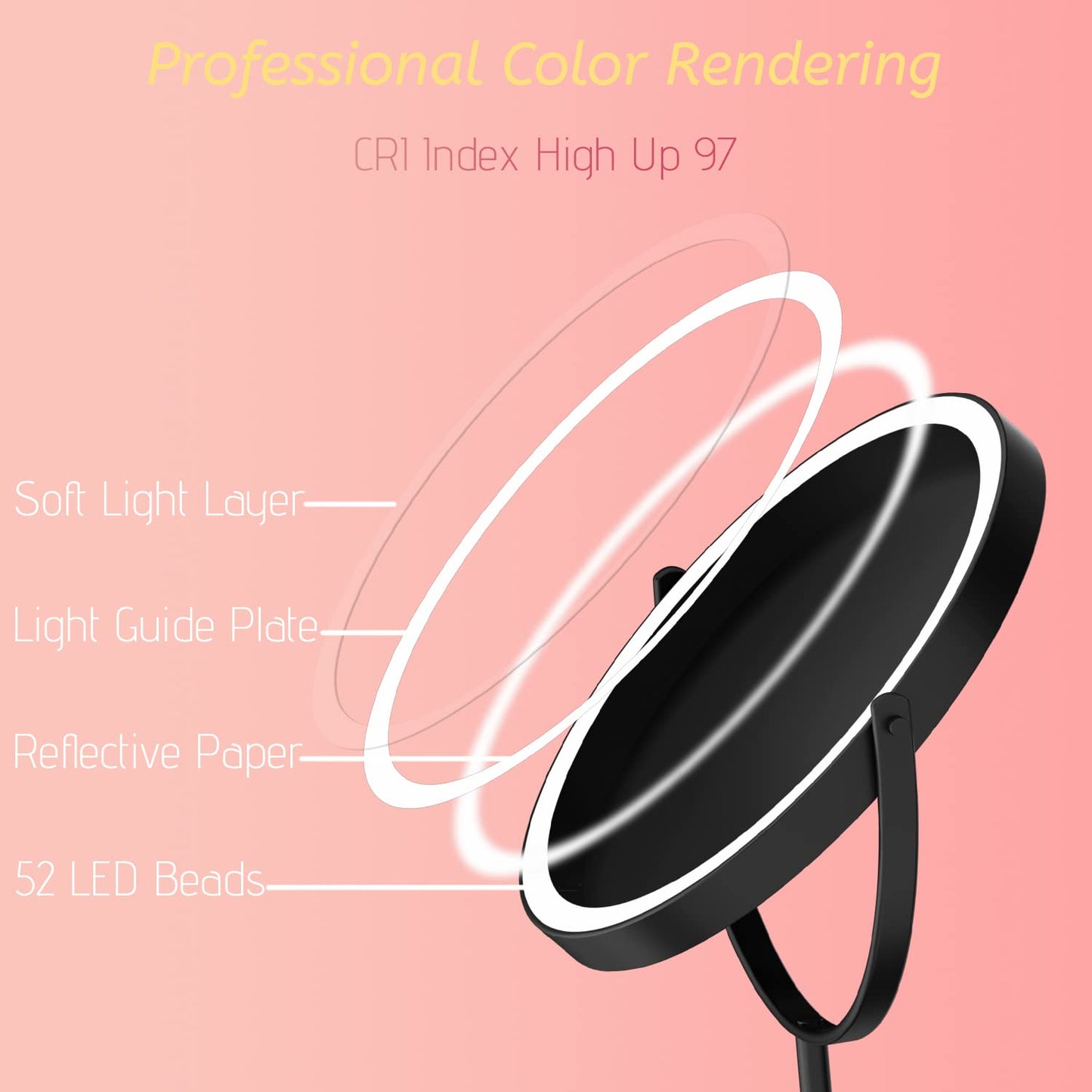WIZCHARK 8” Lighted Makeup Mirror, 1X 10X Magnifying Mirror with Light, Double Sided Vanity Mirror with Lights, 3 Color LED Dimmable 2000mAh Rechargeable Black