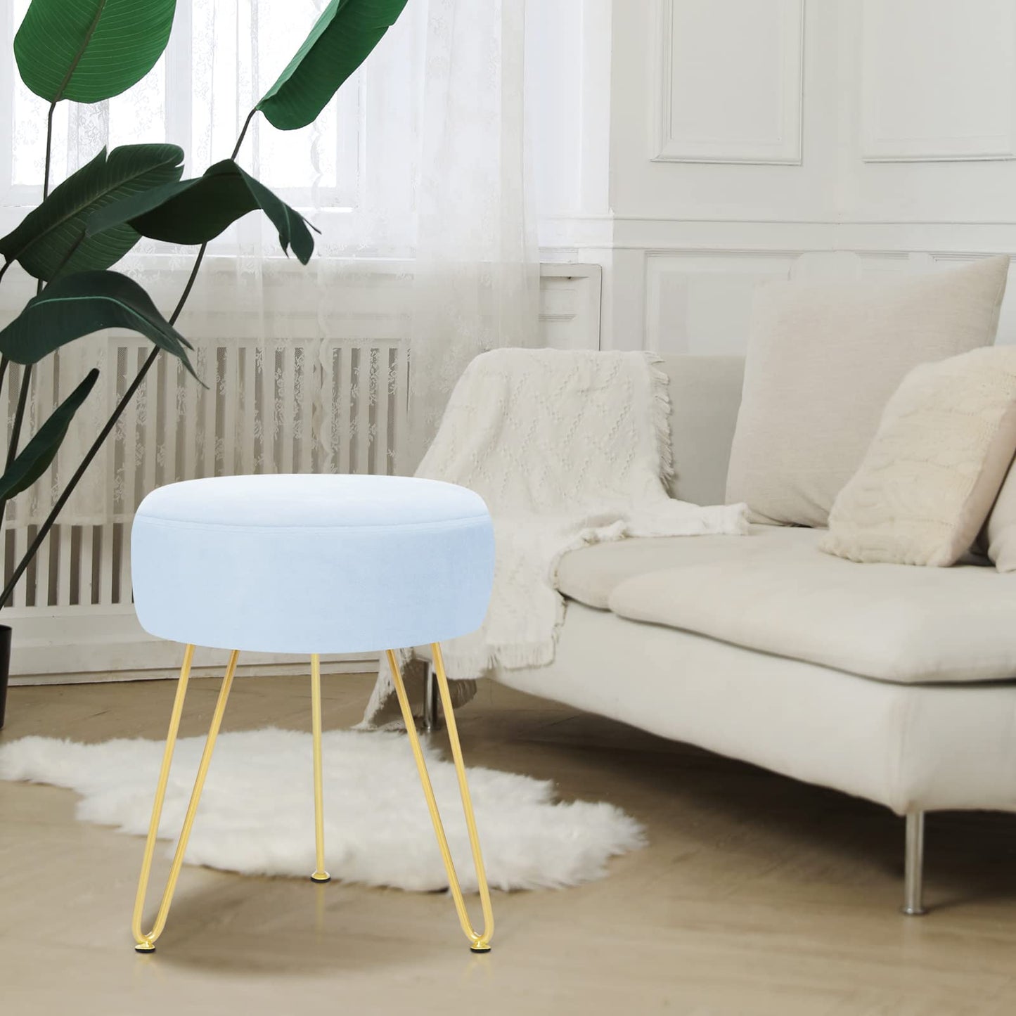 GERANT Multifunctional Vanity Stool - Velvet Footrest Stool-Upholstered Chair Stool -Ottoman Round Modern Dressing Chair - Side Coffee Table Seat with Golden Metal Leg for Living Room (Light Blue)